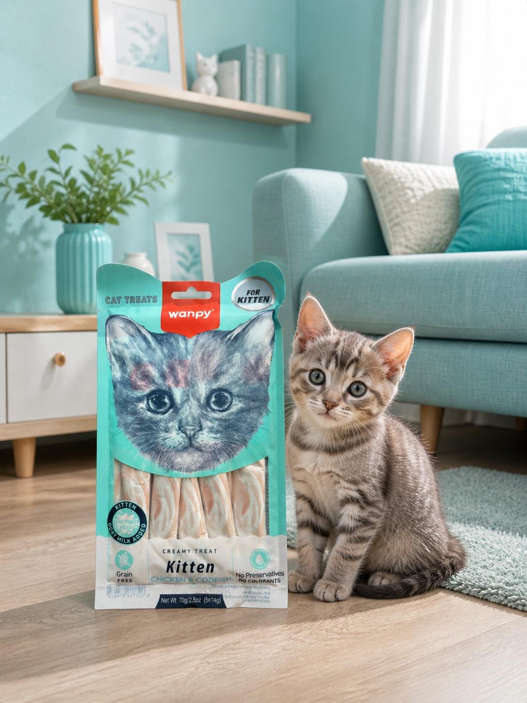 Wanpy Kedi Ödül Maması Kitten Kremalı Tavuklu & Morina Balıklı 70g Yavru Kediler İçin Tahılsız Kedi Kreması
