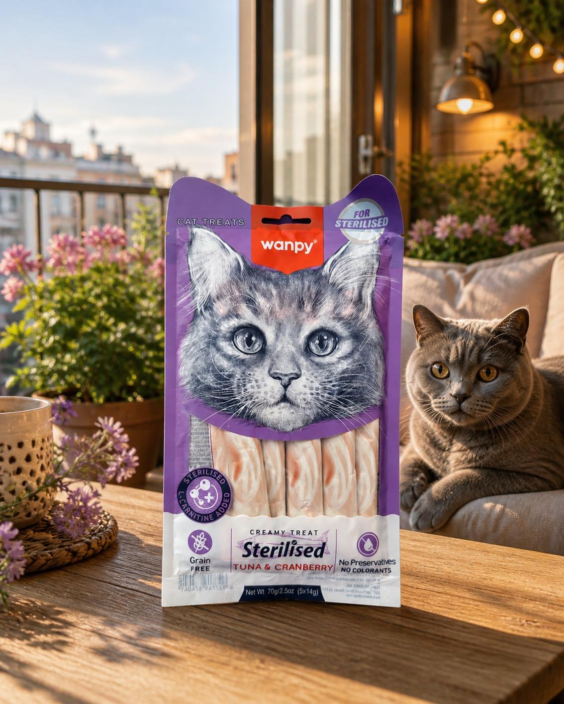 Wanpy Kedi Ödül Maması Sterilised Kremalı Ton Balıklı & Cranberry İçerikli 70g Kısırlaştırılmış Tahılsız Kedi Kreması