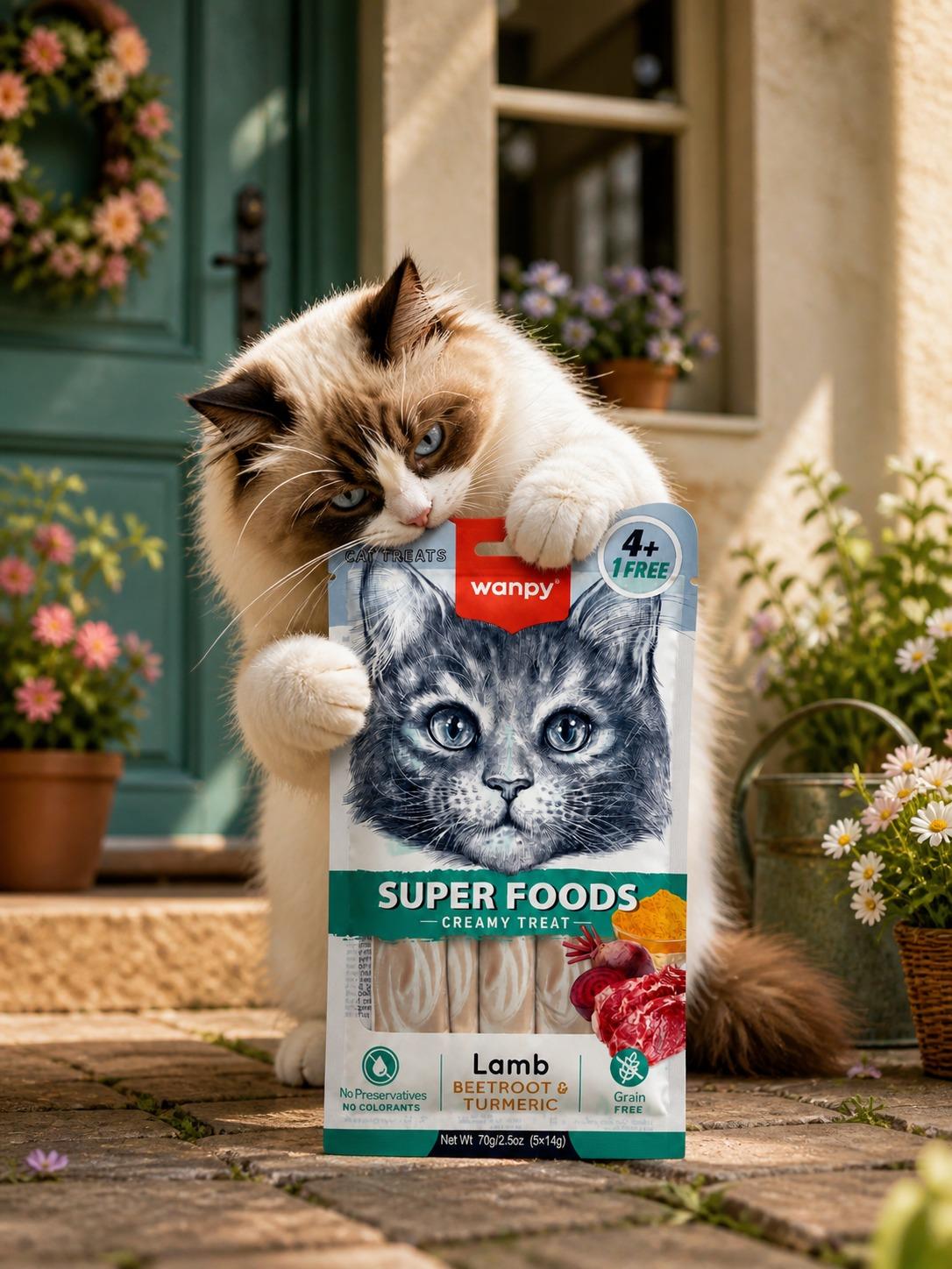 Wanpy Kedi Ödül Maması Super Foods Kremalı Lambalı & Pancar & Zerdeçal İçerikli 70g (4+1 Free) Tahılsız Kedi Kreması