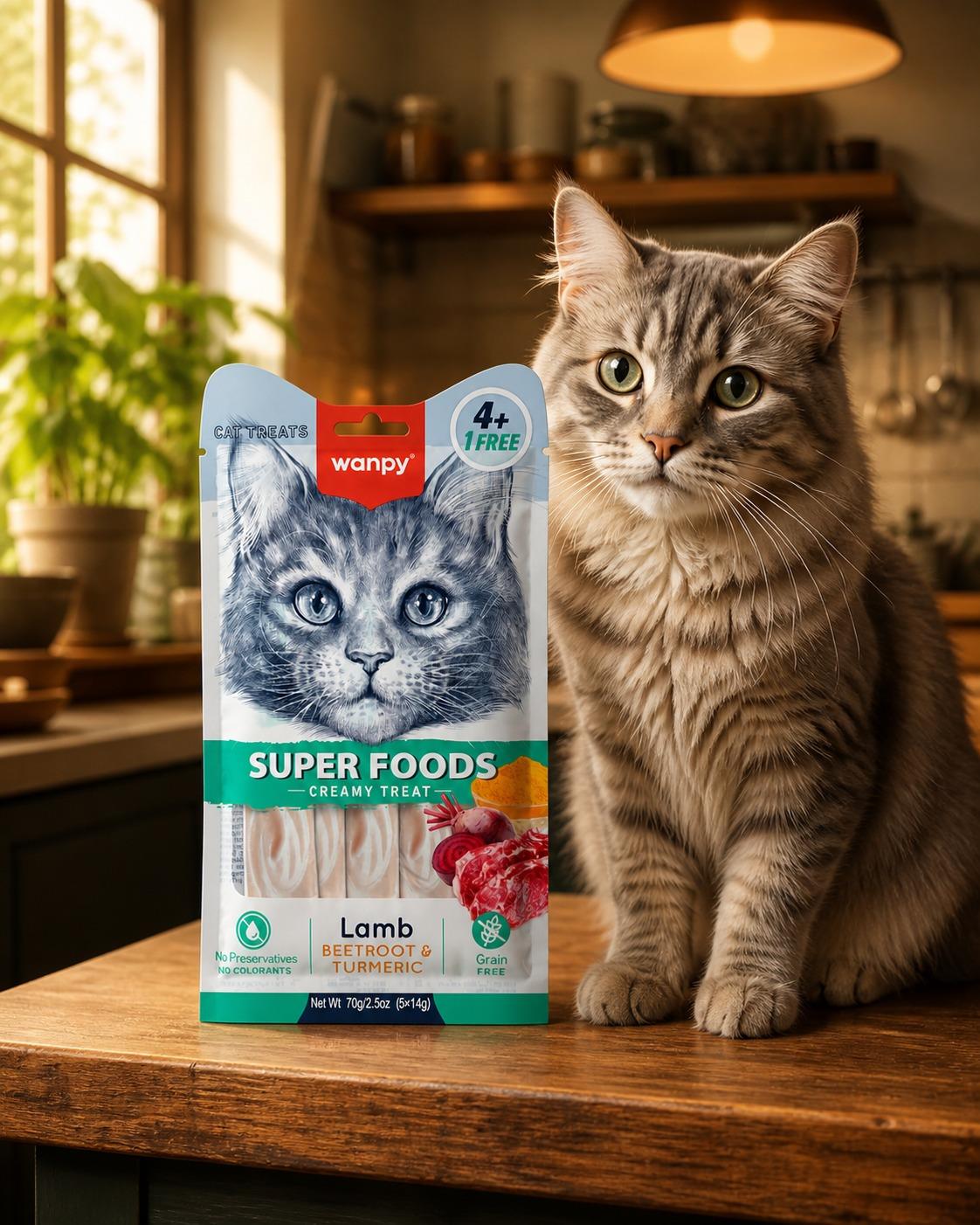 Wanpy Kedi Ödül Maması Super Foods Kremalı Lambalı & Pancar & Zerdeçal İçerikli 70g (4+1 Free) Tahılsız Kedi Kreması