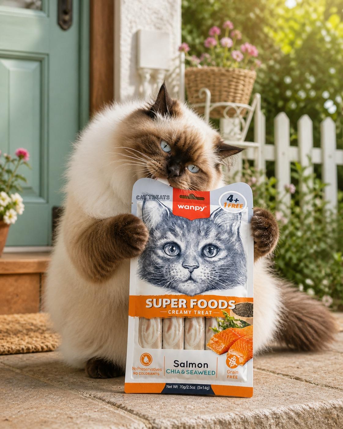 Wanpy Kedi Ödül Maması Super Foods Kremalı Somonlu & Chia & Deniz Yosunu İçerikli 70g (4+1 Free) Tahılsız Kedi Kreması