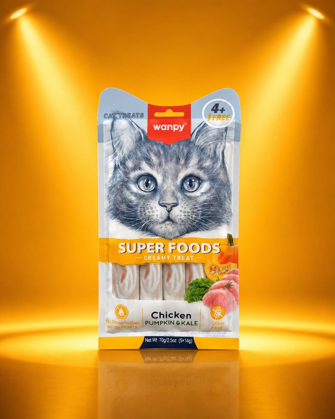 Wanpy Kedi Ödül Maması Super Foods Kremalı Tavuklu & Balkabağı & Kale İçerikli 70g (4+1 Free) Tahılsız Kedi Kreması