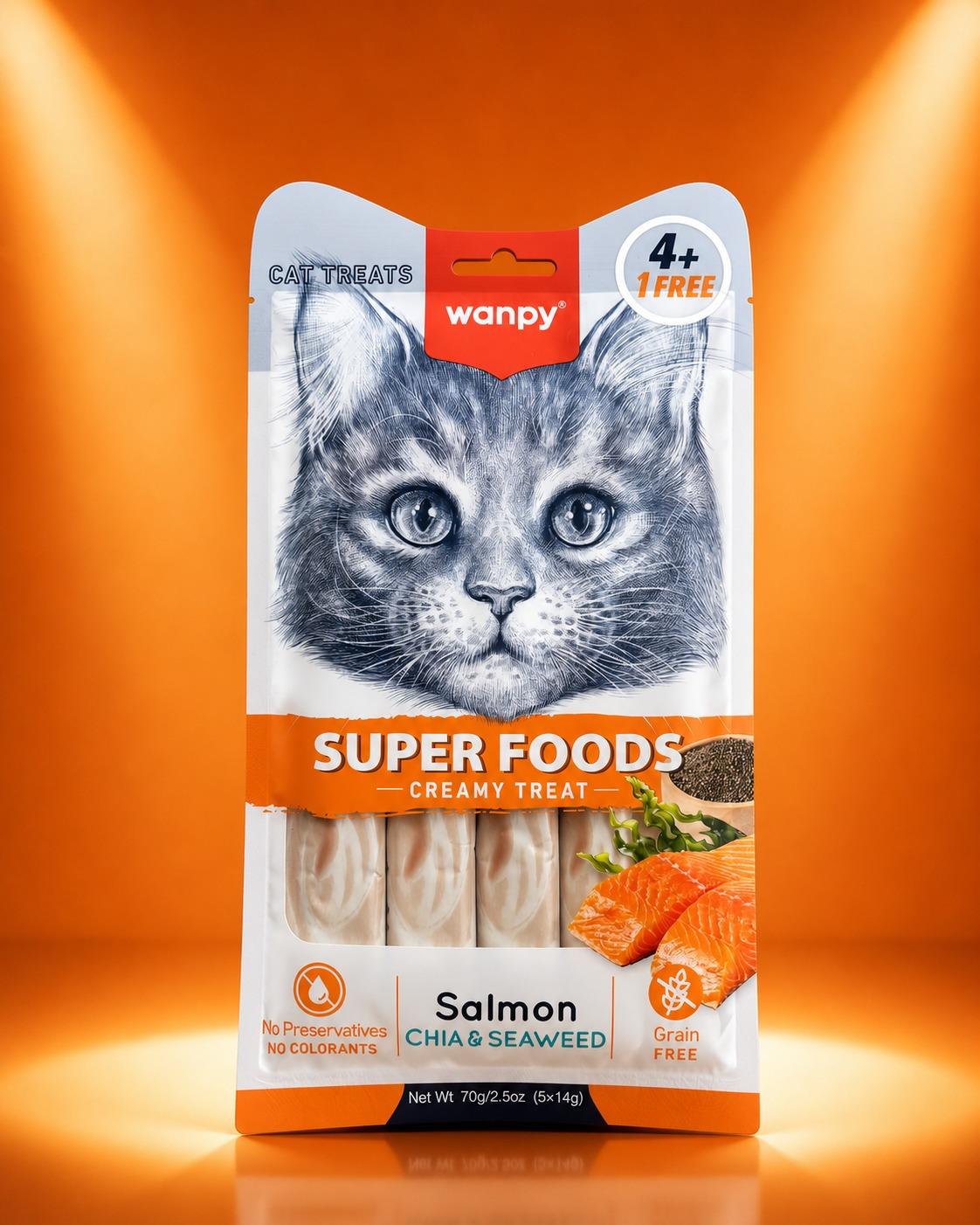 Wanpy Kedi Ödül Maması Super Foods Kremalı Somonlu & Chia & Deniz Yosunu İçerikli 70g (4+1 Free) Tahılsız Kedi Kreması
