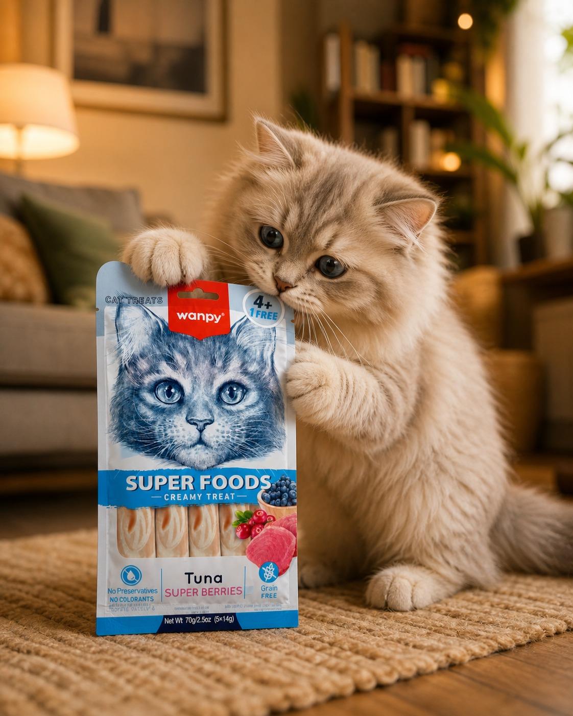 Wanpy Kedi Ödül Maması Super Foods Kremalı Ton Balıklı & Orman Meyveli İçerikli 70g (4+1 Free) Tahılsız Kedi Kreması