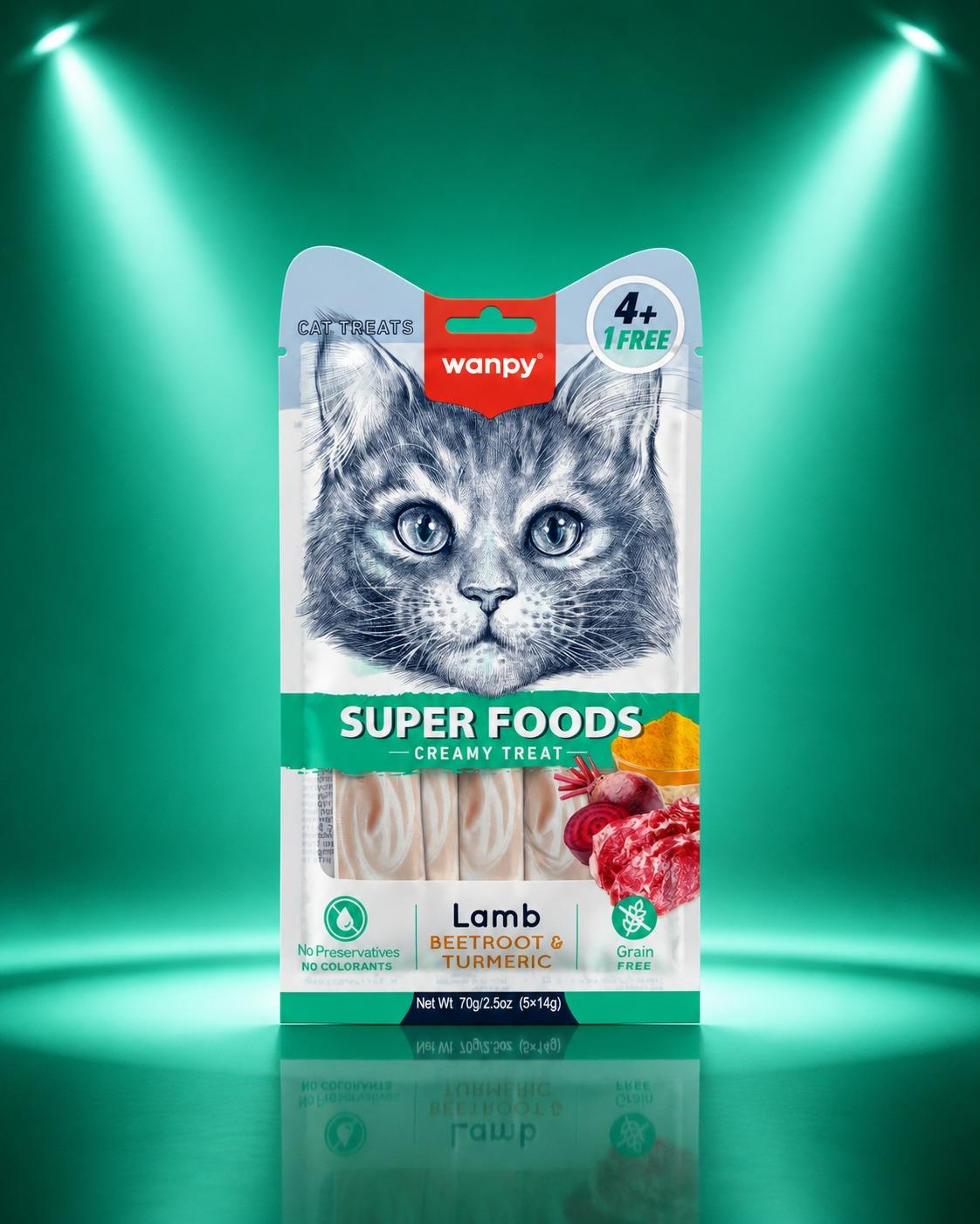 Wanpy Kedi Ödül Maması Super Foods Kremalı Lambalı & Pancar & Zerdeçal İçerikli 70g (4+1 Free) Tahılsız Kedi Kreması