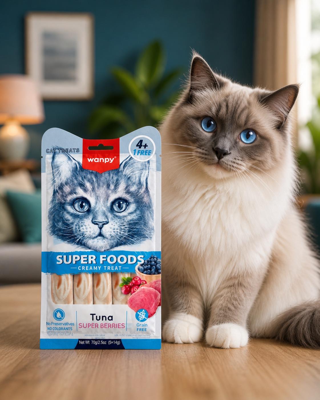 Wanpy Kedi Ödül Maması Super Foods Kremalı Ton Balıklı & Orman Meyveli İçerikli 70g (4+1 Free) Tahılsız Kedi Kreması