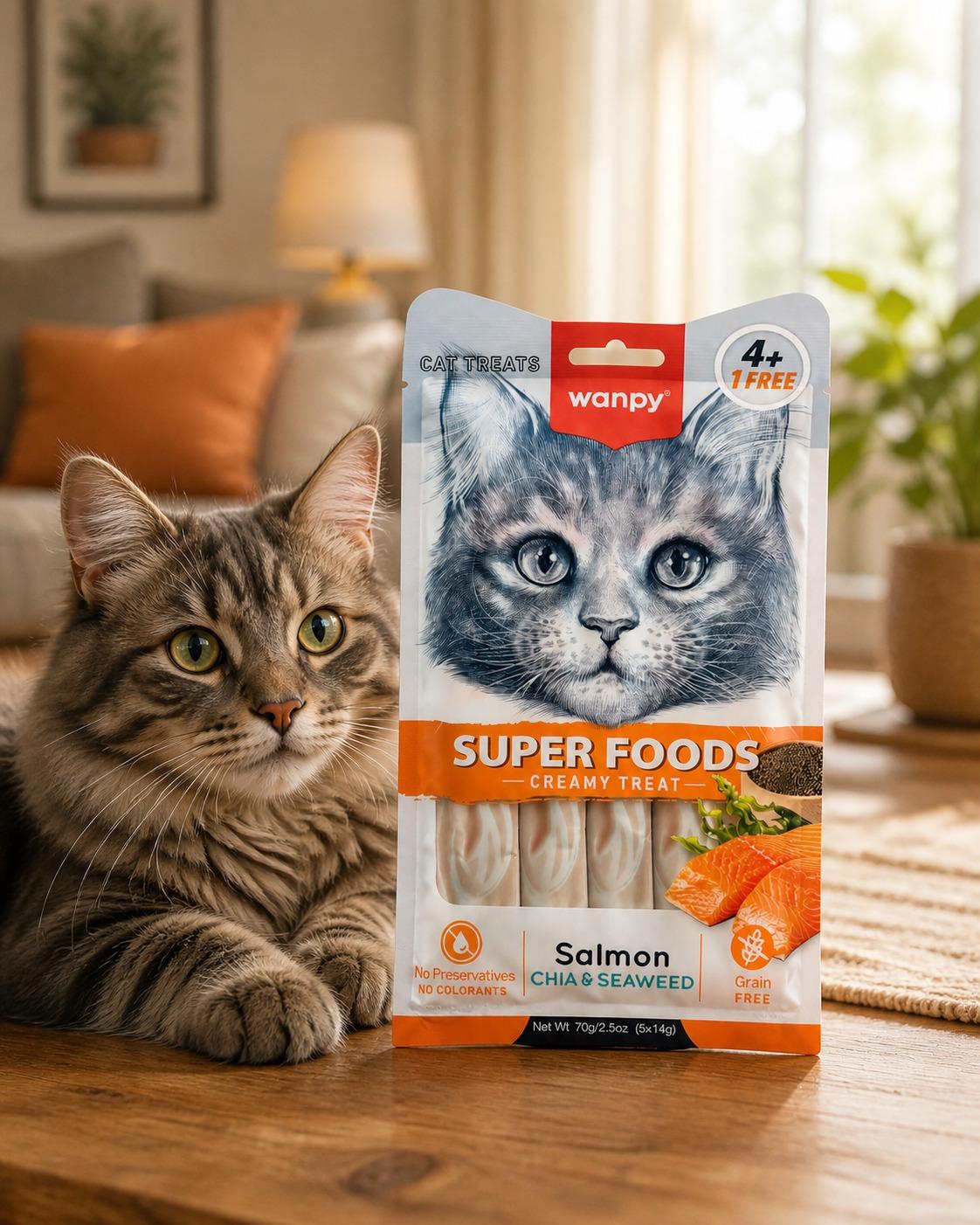 Wanpy Kedi Ödül Maması Super Foods Kremalı Somonlu & Chia & Deniz Yosunu İçerikli 70g (4+1 Free) Tahılsız Kedi Kreması