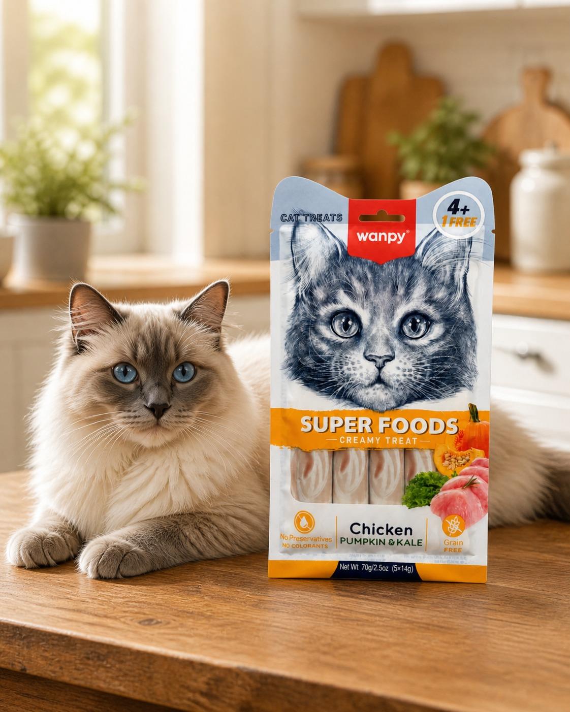 Wanpy Kedi Ödül Maması Super Foods Kremalı Tavuklu & Balkabağı & Kale İçerikli 70g (4+1 Free) Tahılsız Kedi Kreması