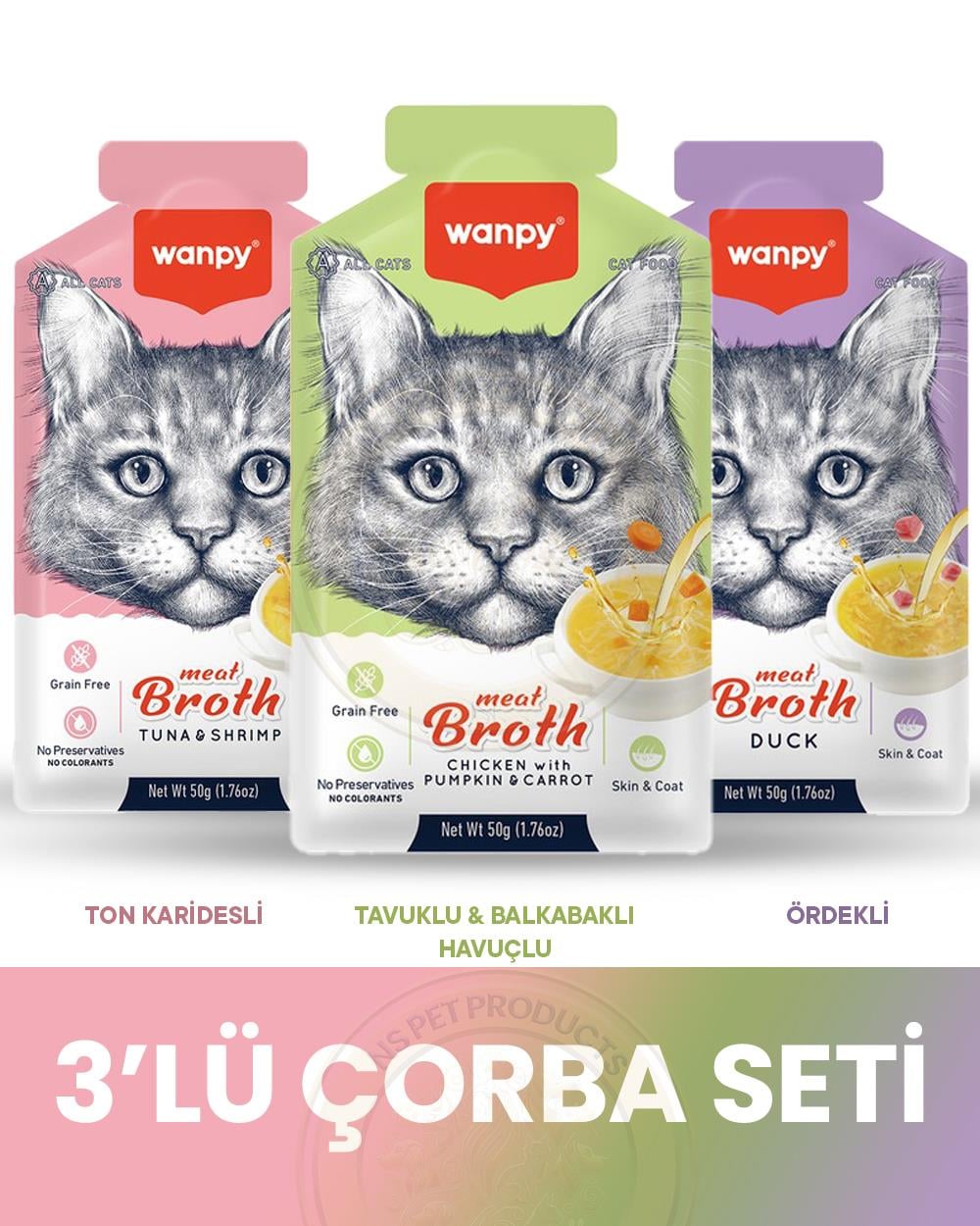 WANPY Kediler İçin Çorba Seti 3x50gr (Ton,Karides-Tavuk,Balkabağı,Havuç-Ördek)