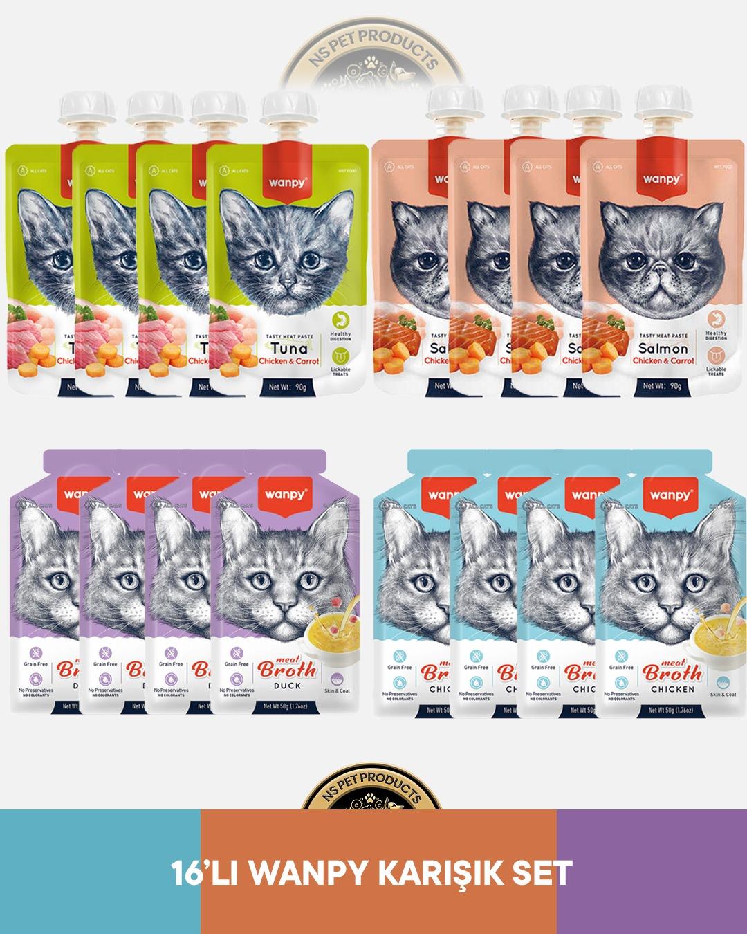 Wanpy Mama Seti Wanpy Ton-Tavuk, Somon-Tavuk Kedi Et Ezmesi 8x90 gram & Wanpy Ördek, Tavuk Çorbası 8x50 gram