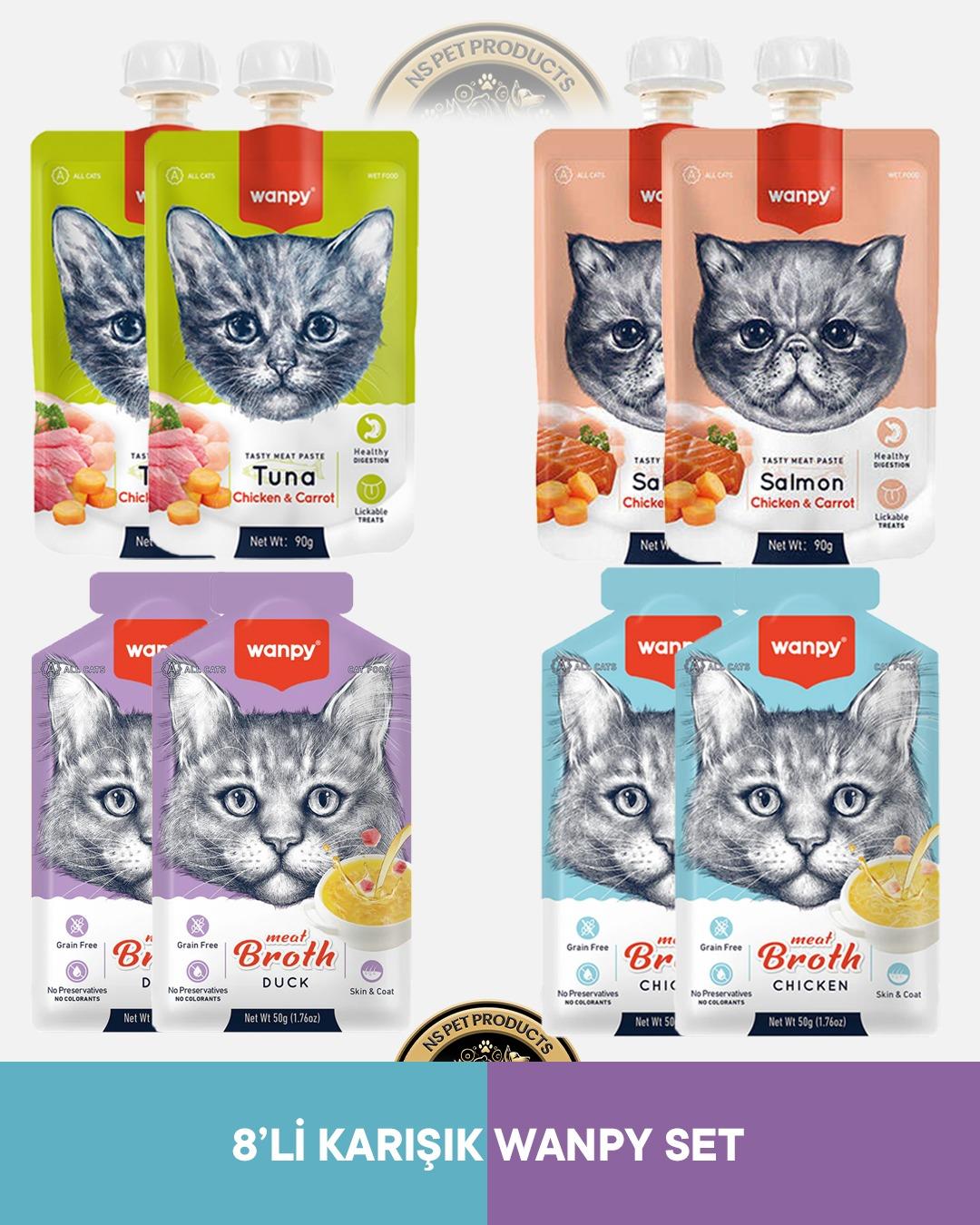 Wanpy Mama Seti Wanpy Ton-Tavuk, Somon-Tavuk Kedi Et Ezmesi 4x90 gram & Wanpy Ördek, Tavuk Çorbası 4x50 gram