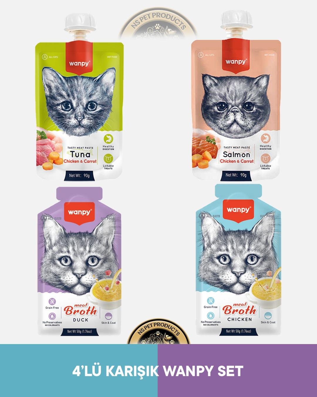 Wanpy Mama Seti Wanpy Ton-Tavuk, Somon-Tavuk Kedi Et Ezmesi 2x90 gram & Wanpy Ördek, Tavuk Çorbası 2x50 gram