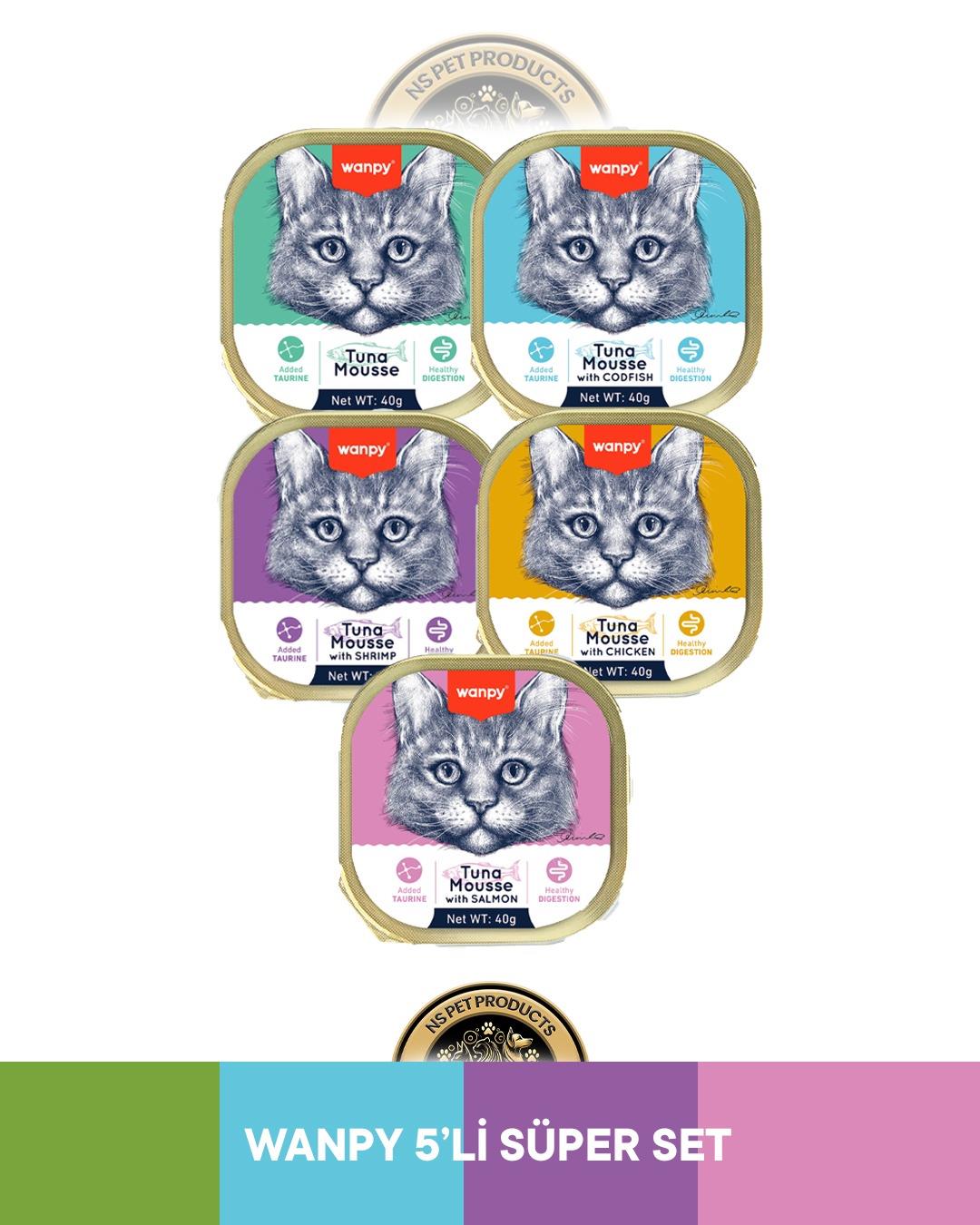 Wanpy Mousse Ton Balıklı Alutray & Ton Balıklı - Morina Balıklı Alutray & Ton Balıklı - Karidesli Alutray & Ton Balıklı - Tavuklu Alutray & Ton Balıklı - Somonlu Alutray Kedi Yaş Maması Seti 5x40 gr