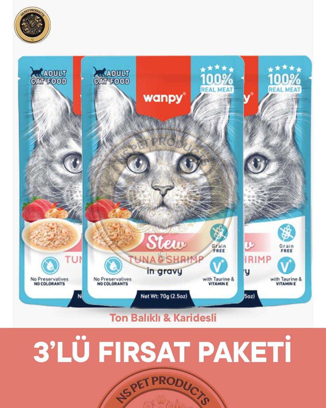 Wanpy Pouch Ton-Karides Yaş Kedi Maması 3lü Fırsat 3x70gr
