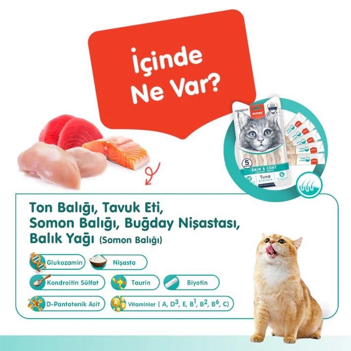 Wanpy Skin Coat Ton Balığı-Somon Kedi Krema Ödülü 5x14gr 3lü Set