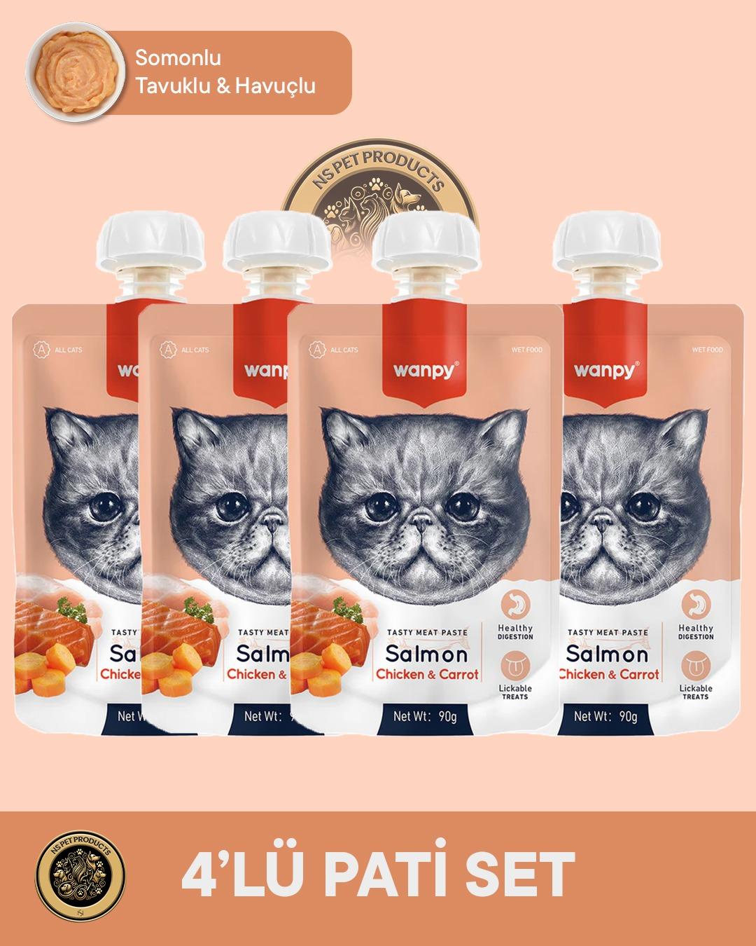 Wanpy Somon-Tavuk-Havuç Kedi Et Ezmesi 4'lü – 90 g × 4 Paket