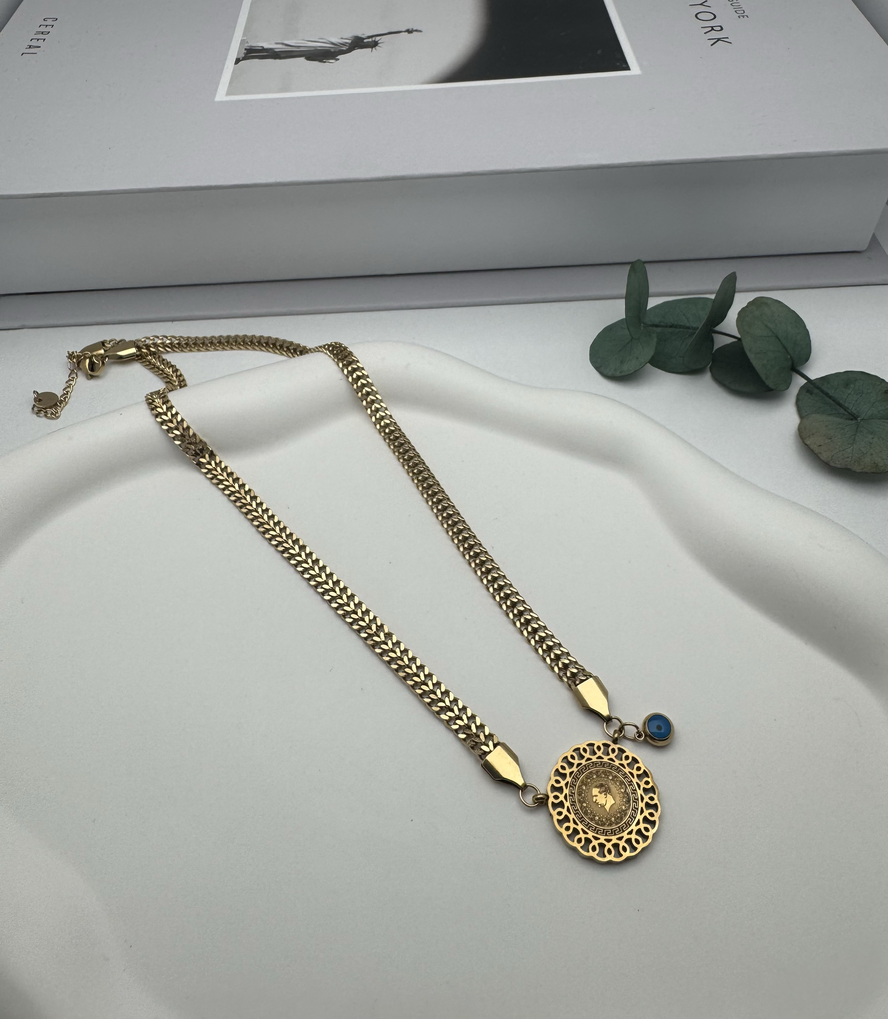 Çeyrekli Çelik Kolye (Gold) 00029