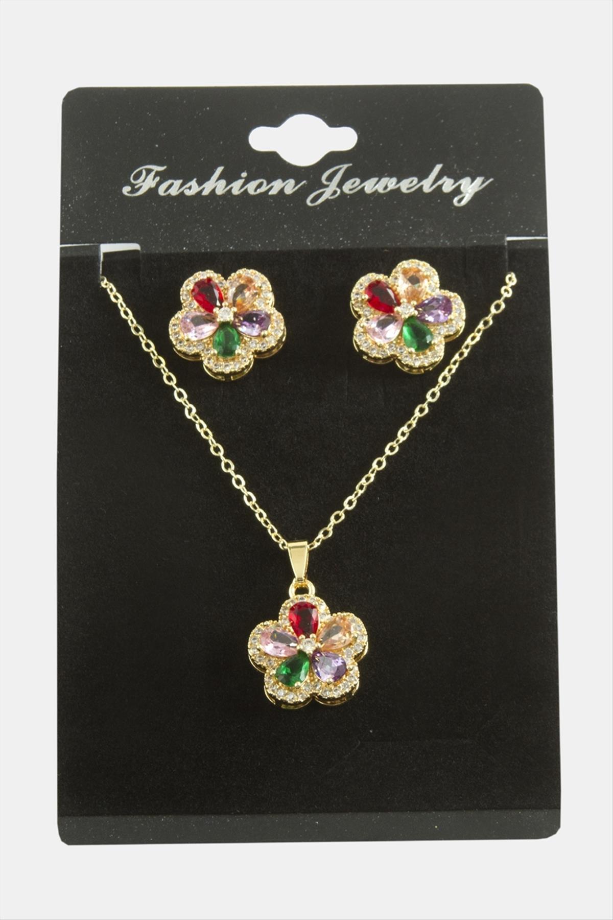 Çiçek Zirkon Taşlı Set Kolye