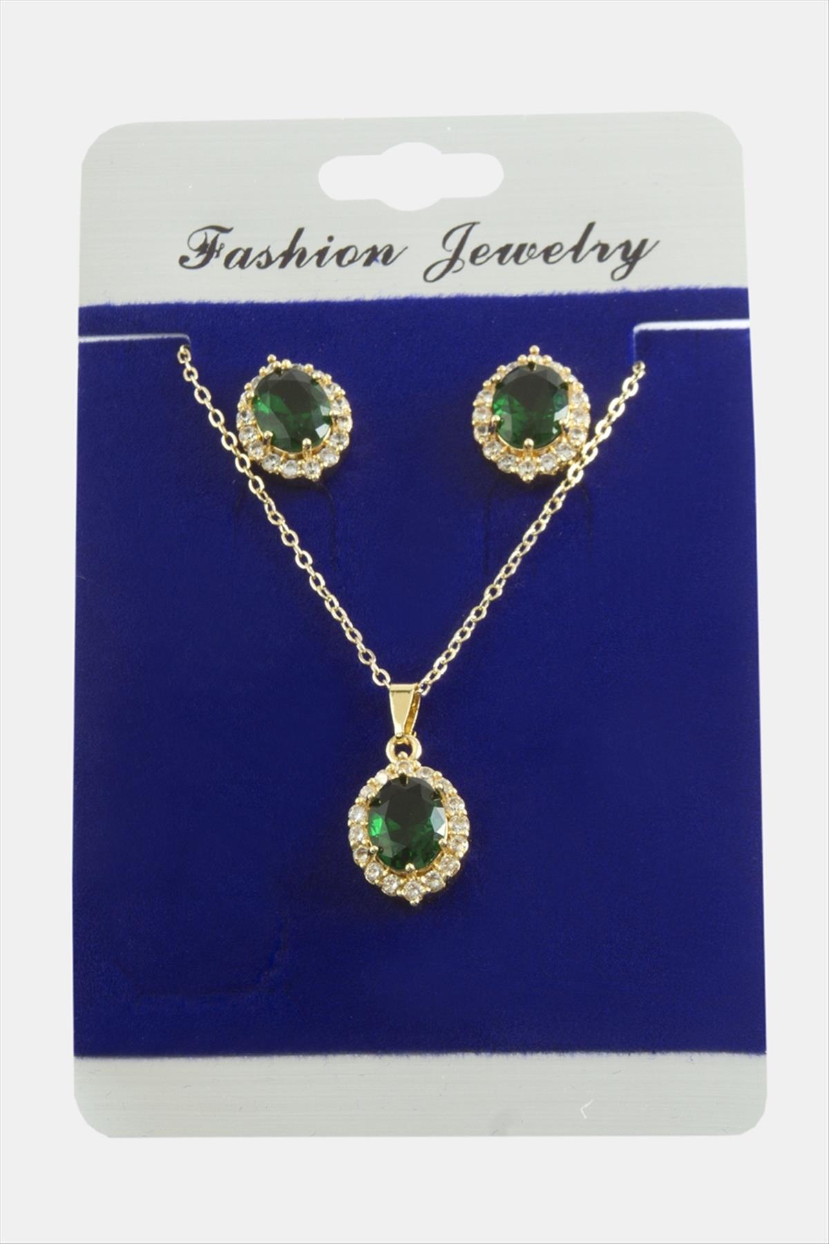 Oval Zirkon Taşlı Set Kolye
