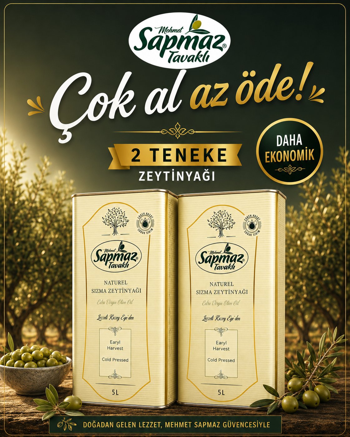 SAPMAZ TAVAKLI2' li Erken Hasat Soğuk Sıkım Natürel Sızma Zeytinyağı 5 Litre 