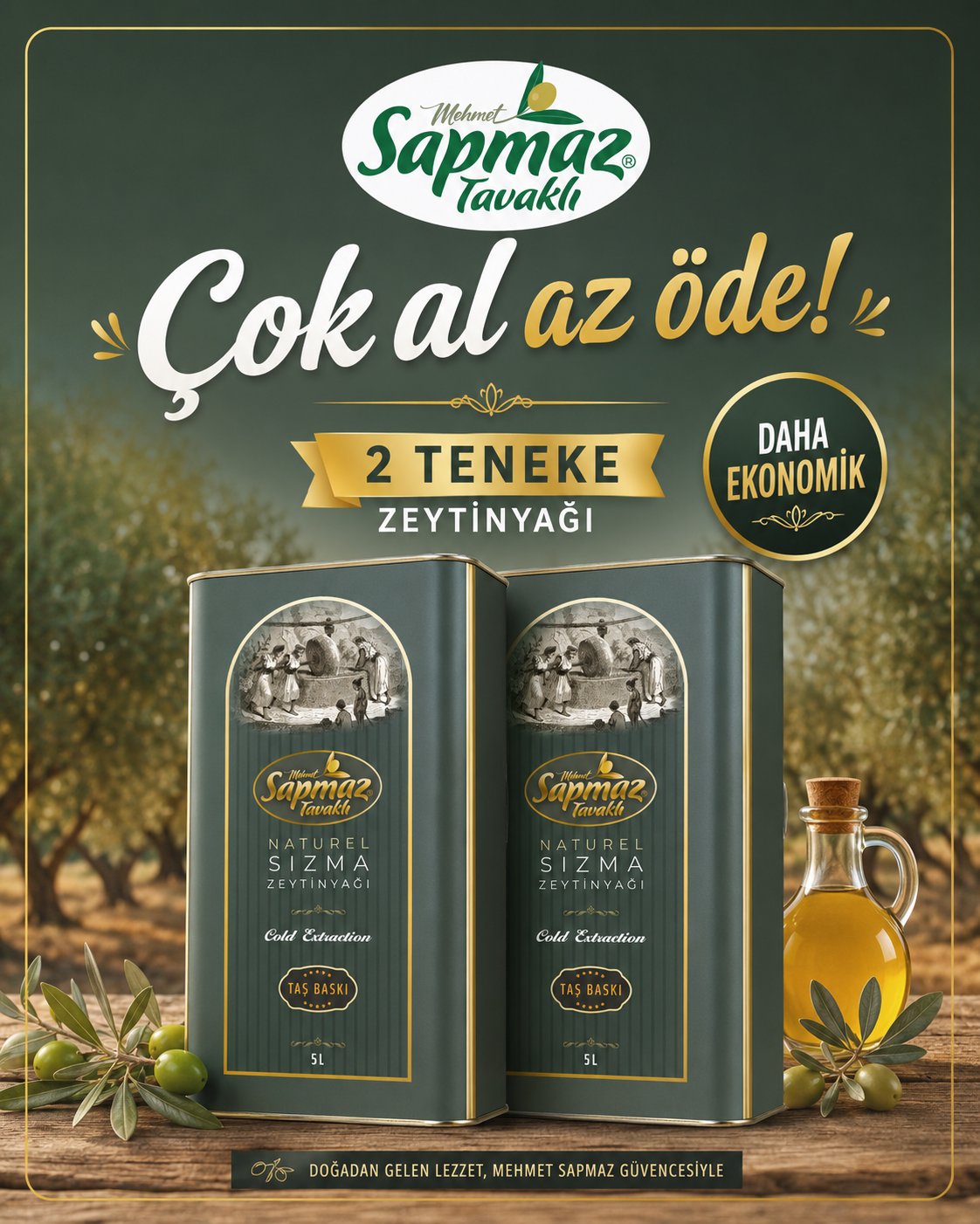 SAPMAZ TAVAKLI2' li Taş Baskı Soğuk Sıkım Zeytinyağı 5 Litre  