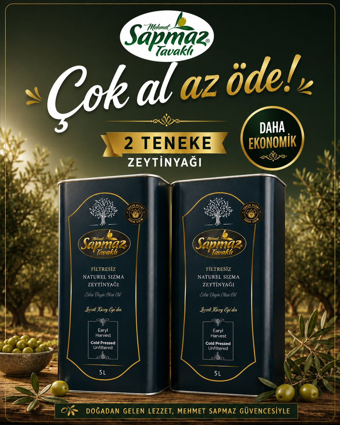 SAPMAZ TAVAKLI2'li Filtresiz Naturel Sızma Zeytinyağı 5 Litre 