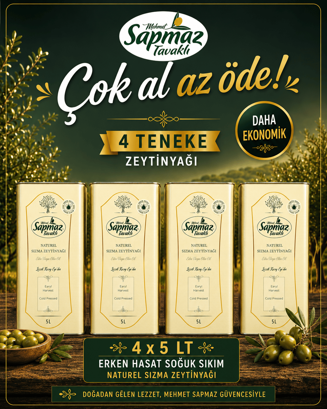 SAPMAZ TAVAKLI4' lü Erken Hasat Soğuk Sıkım Natürel Sızma Zeytinyağı 5 Litre 