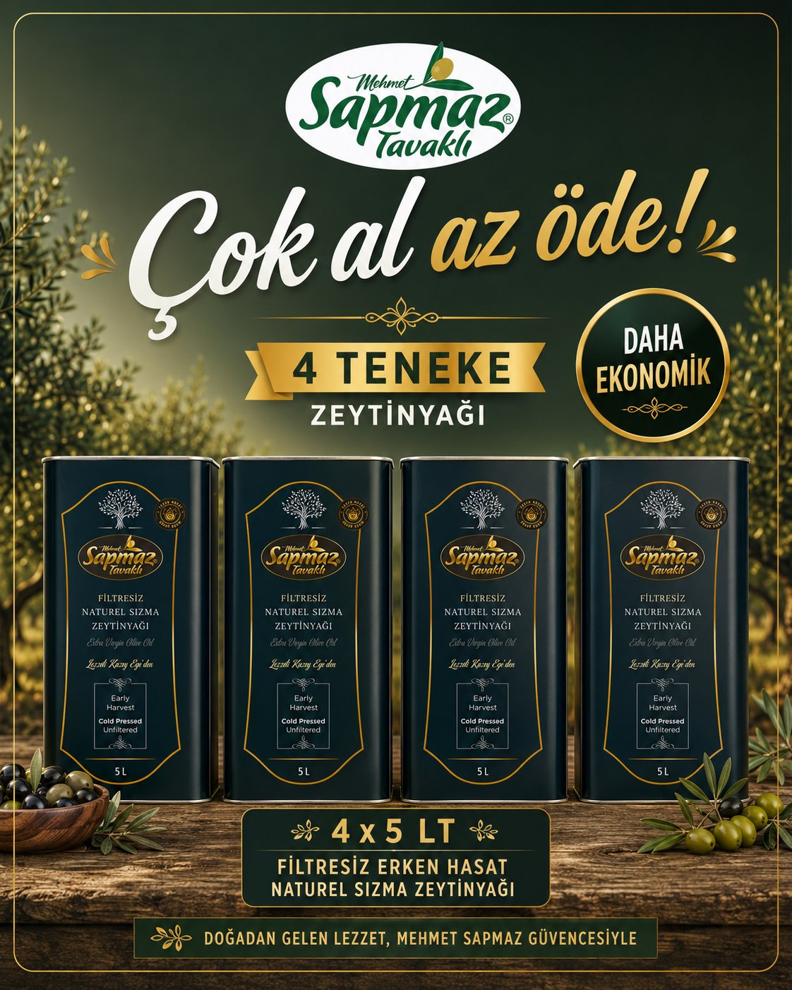 SAPMAZ TAVAKLI4' lü Filtresiz Naturel Sızma Zeytinyağı 5 Litre 