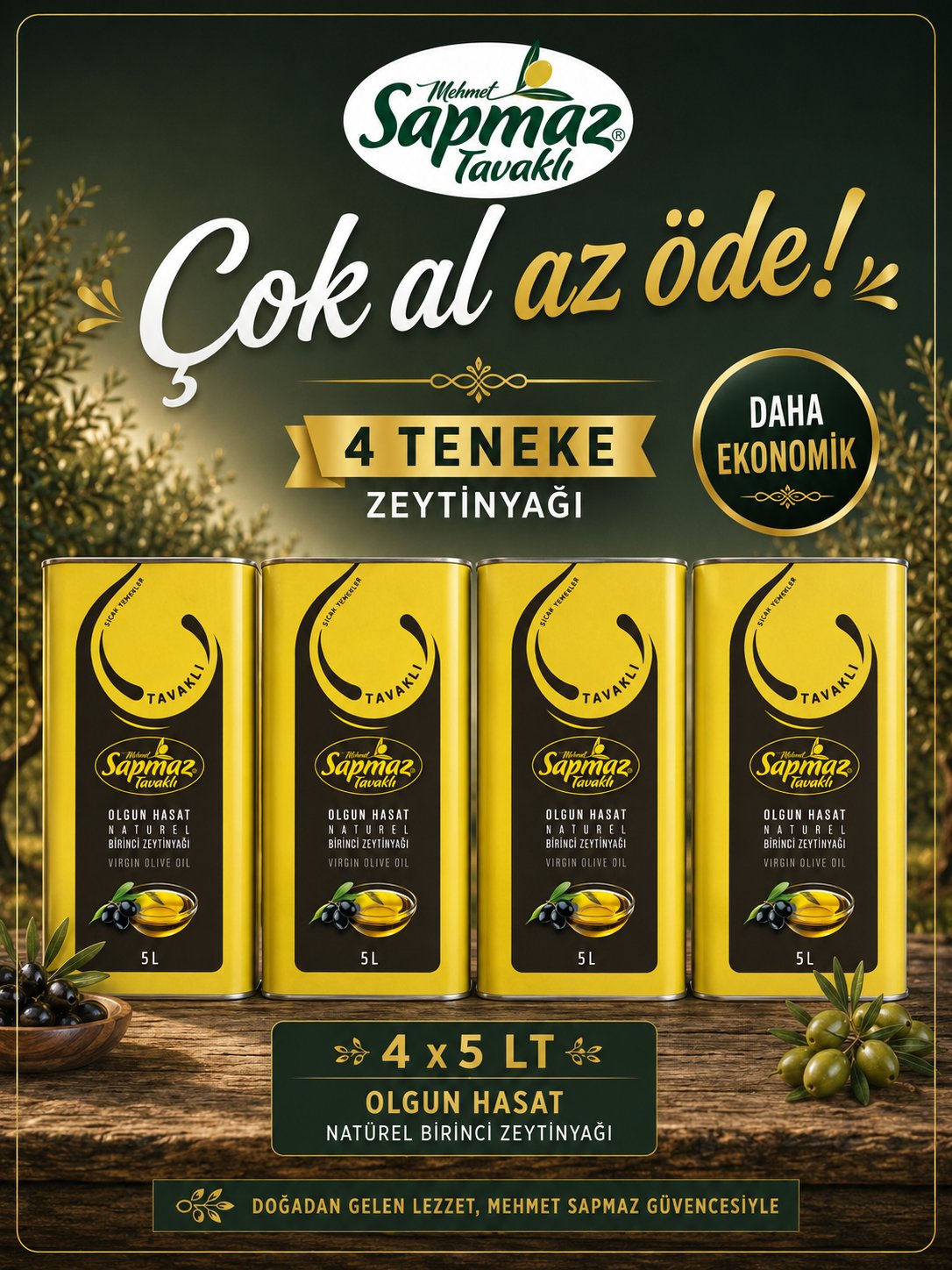 SAPMAZ TAVAKLI4' lü Olgun Hasat Naturel Birinci Zeytinyağı 5 Litre 