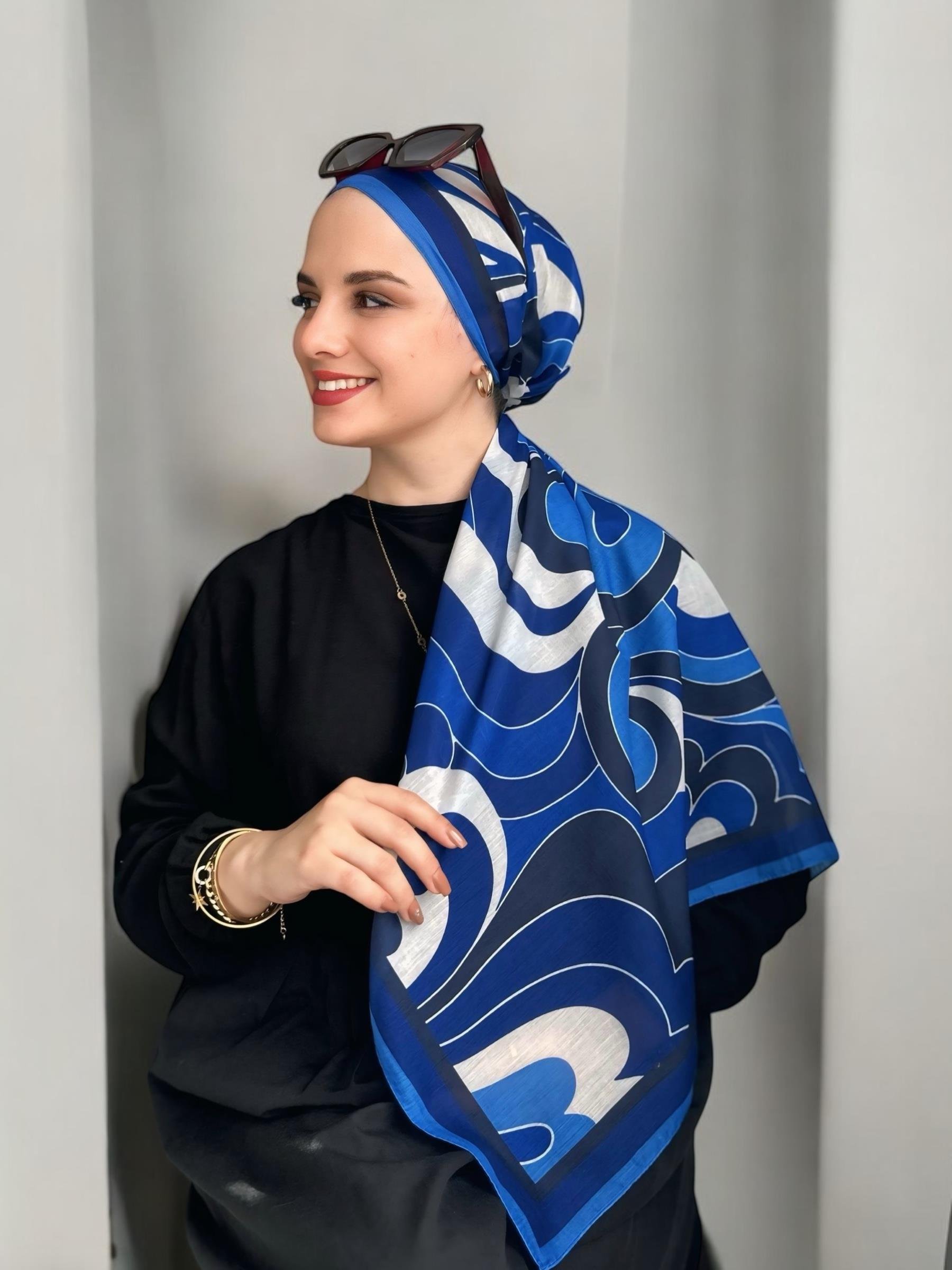 Digital Baskılı Pamuklu Eşarp Colorful Desen Saks Mavi