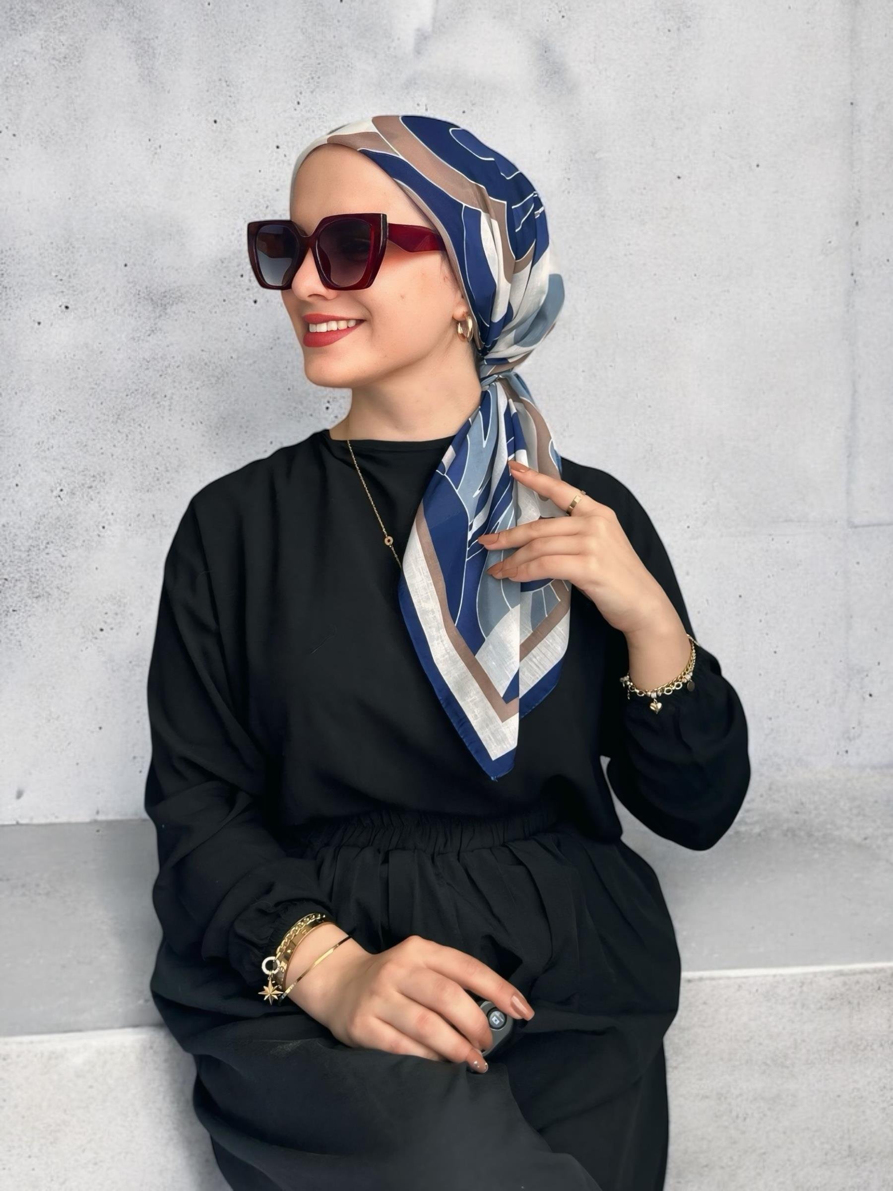 Digital Baskılı Pamuklu Eşarp Colorful Desen Mavi