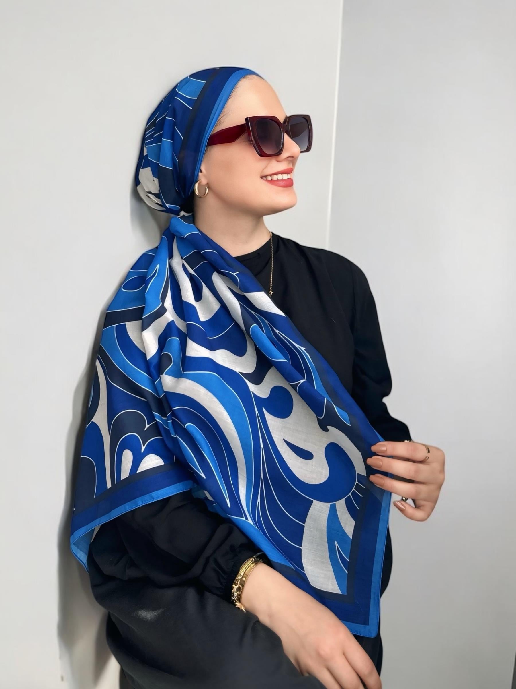 Digital Baskılı Pamuklu Eşarp Colorful Desen Saks Mavi