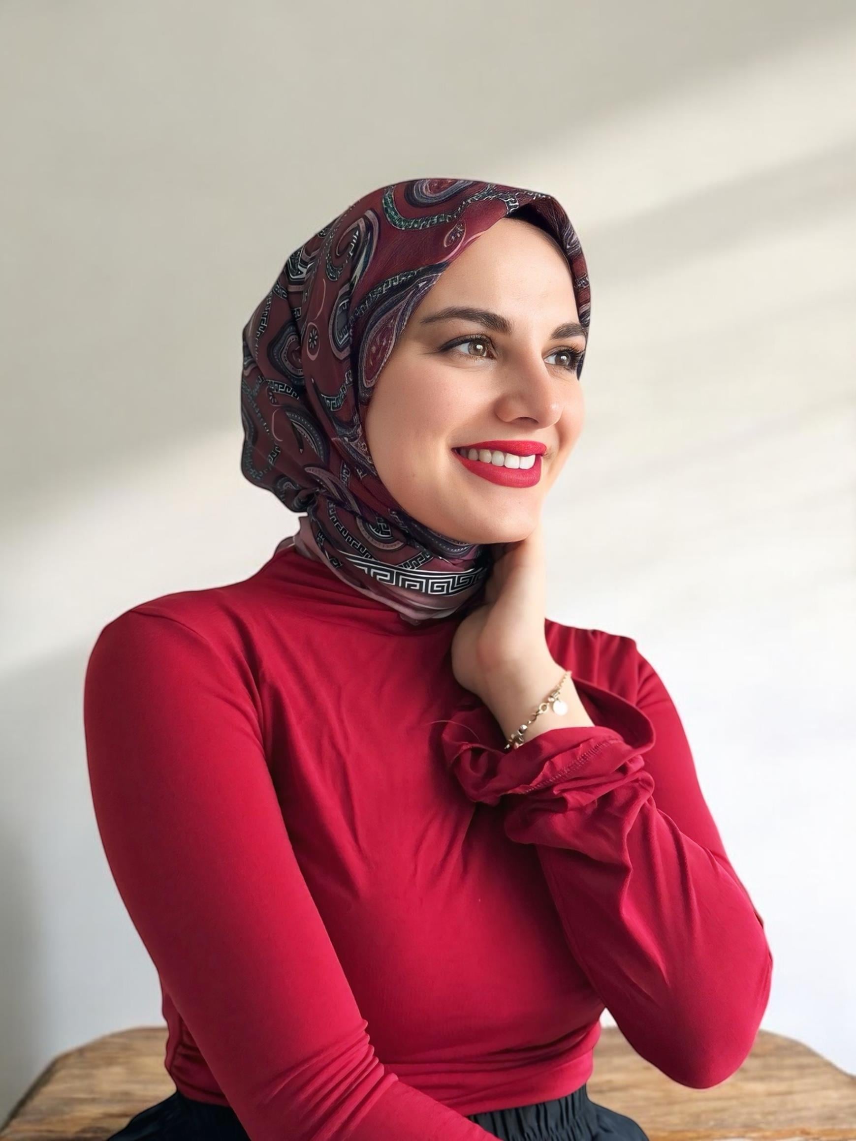 Digital Baskılı Pamuklu Eşarp Jessica Desen Kırmızı