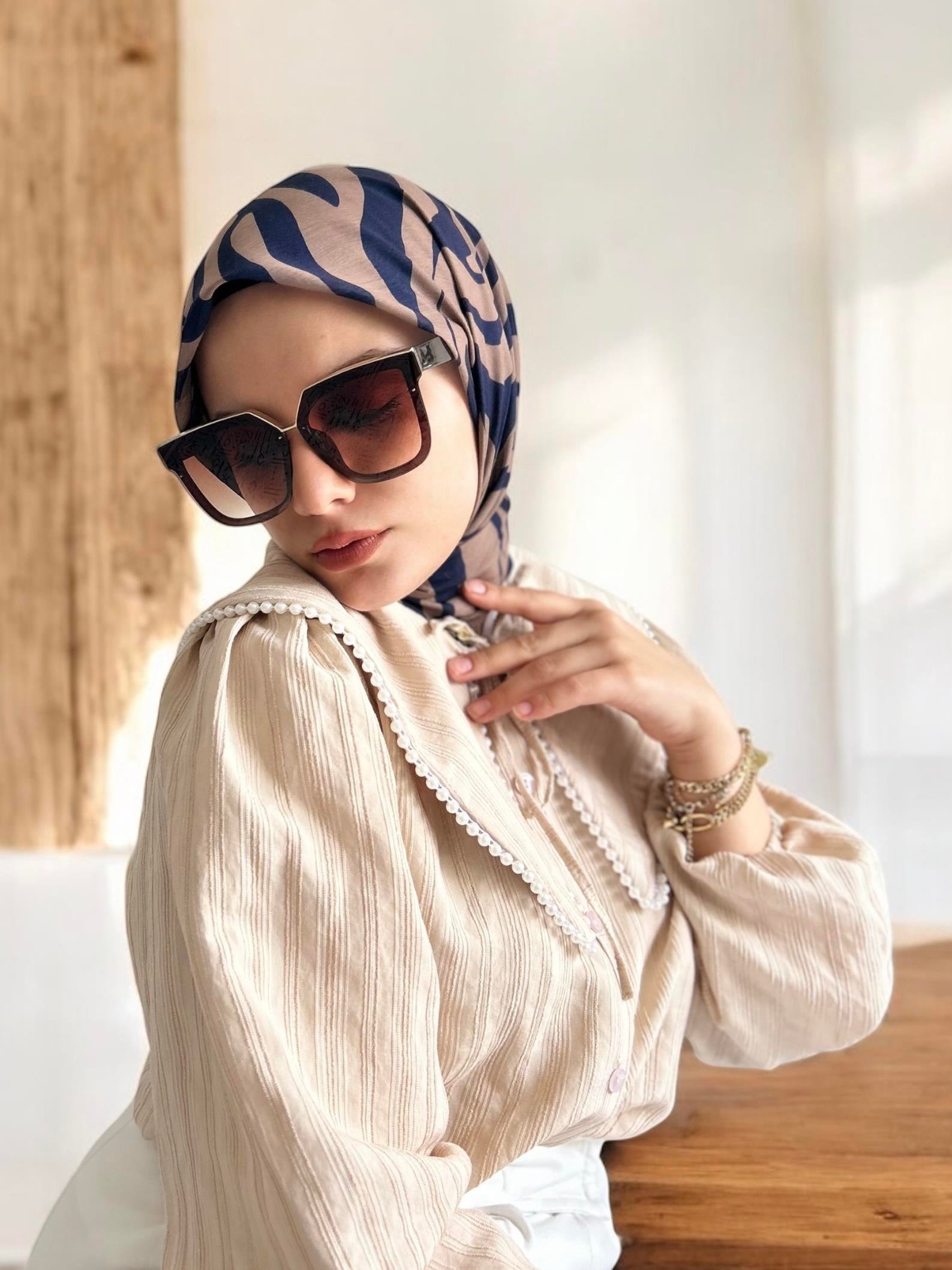 Digital Baskılı Pamuklu Eşarp Zebra Desen Lacivert