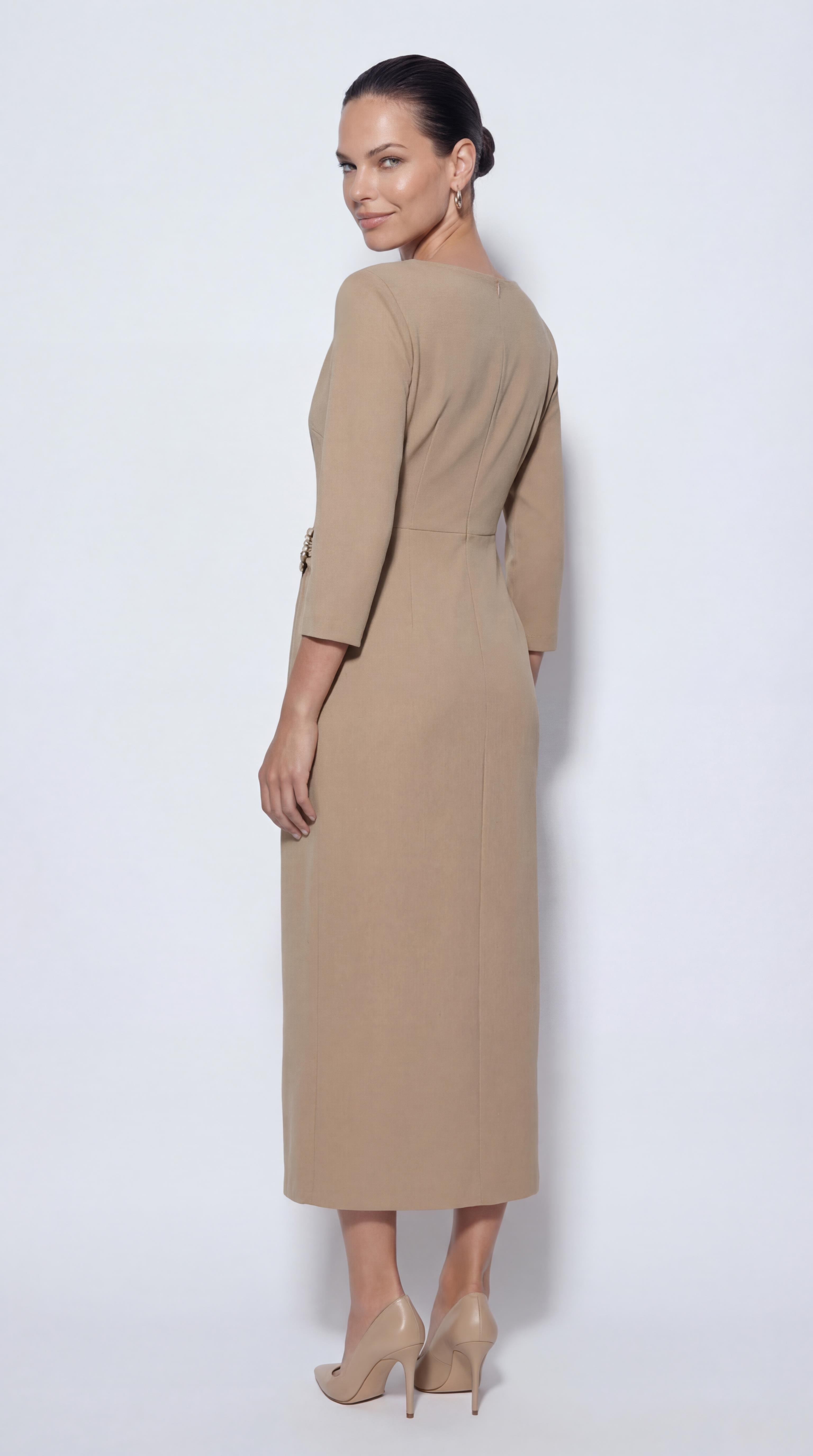 Bej-ML18039 Toka Detaylı Midi Boy Elbise