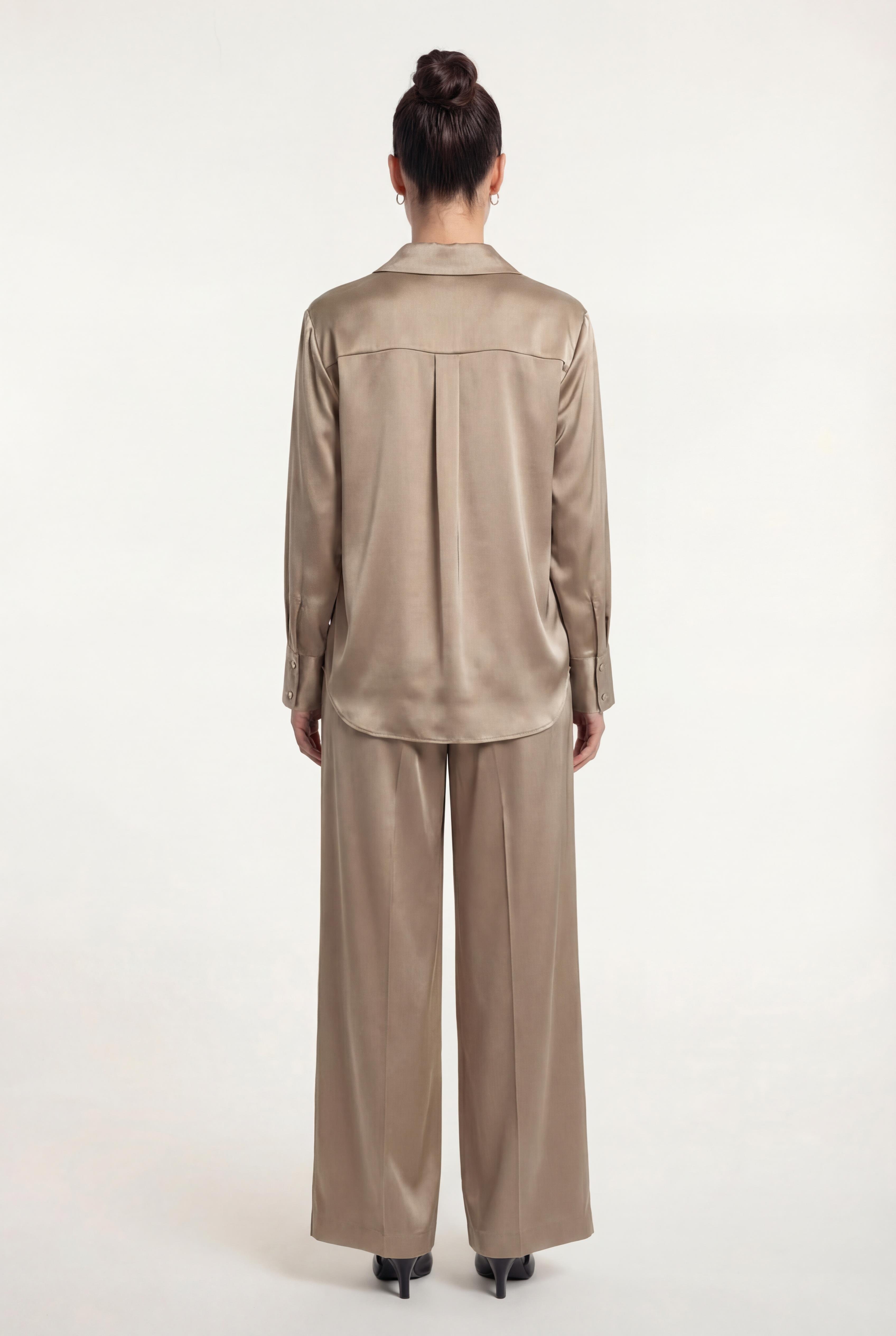 Bej-ML28056 Saten Basic gömlek