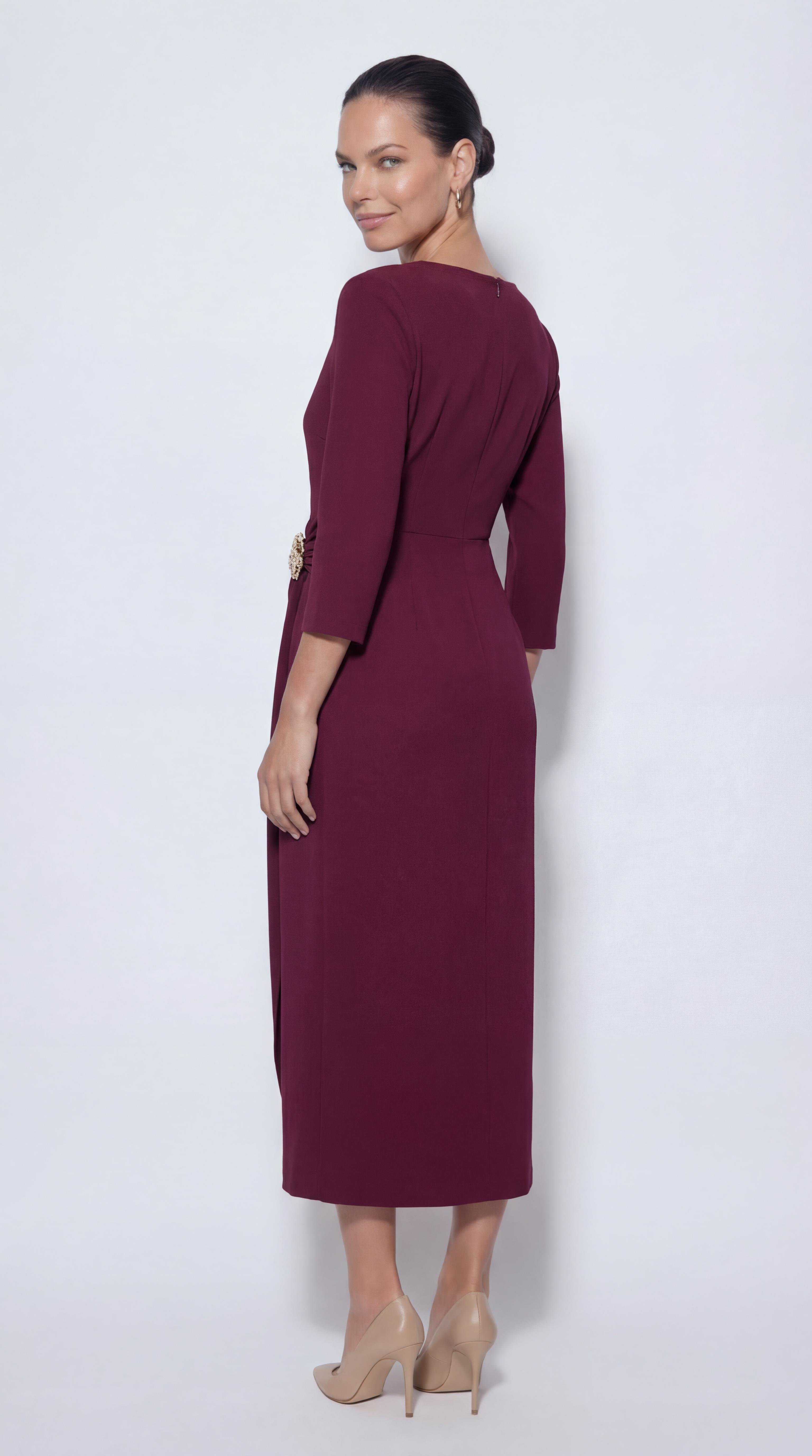 Bordo-ML18039 Toka Detaylı Midi Boy Elbise