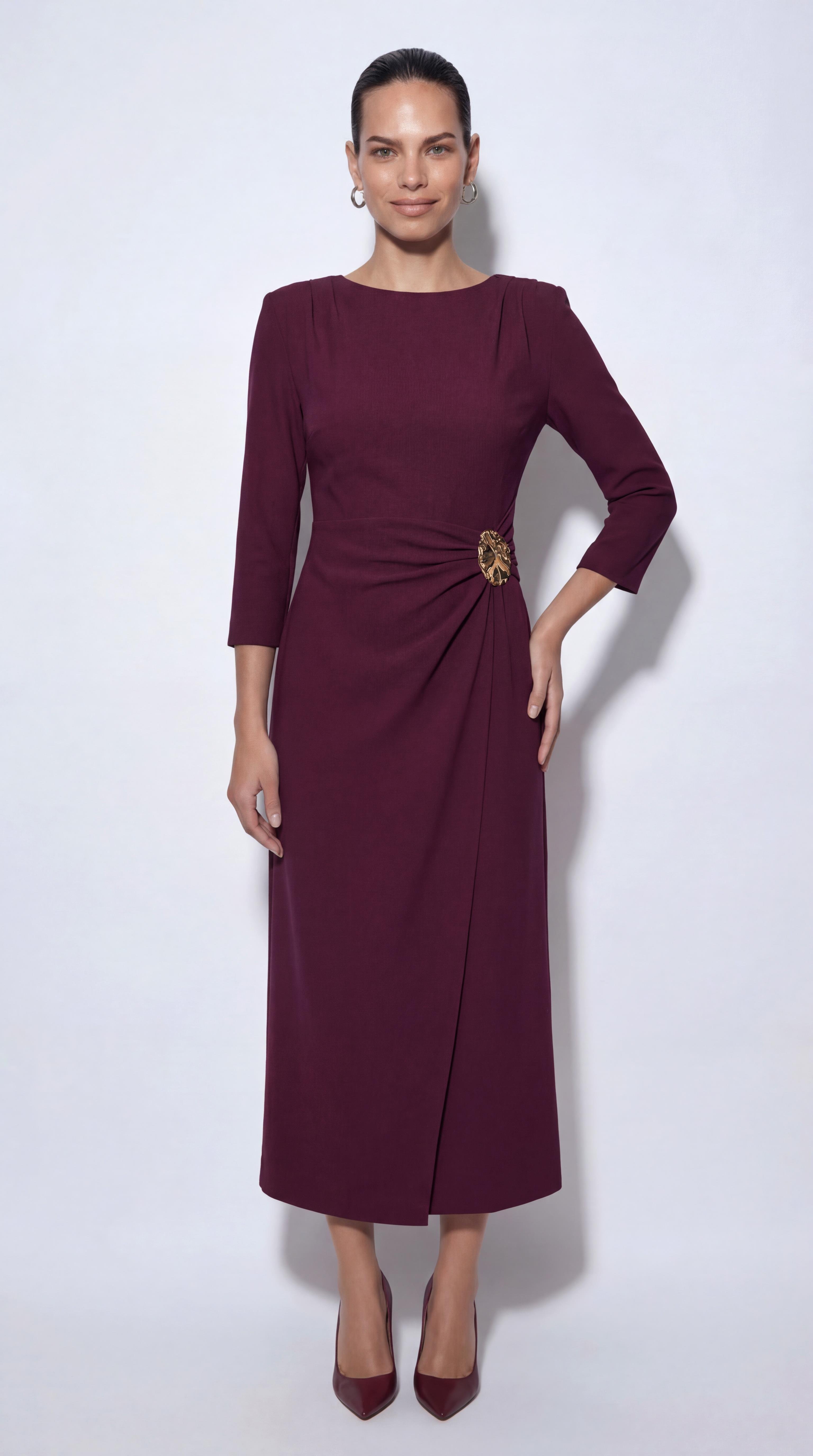 Bordo-ML18039 Toka Detaylı Midi Boy Elbise