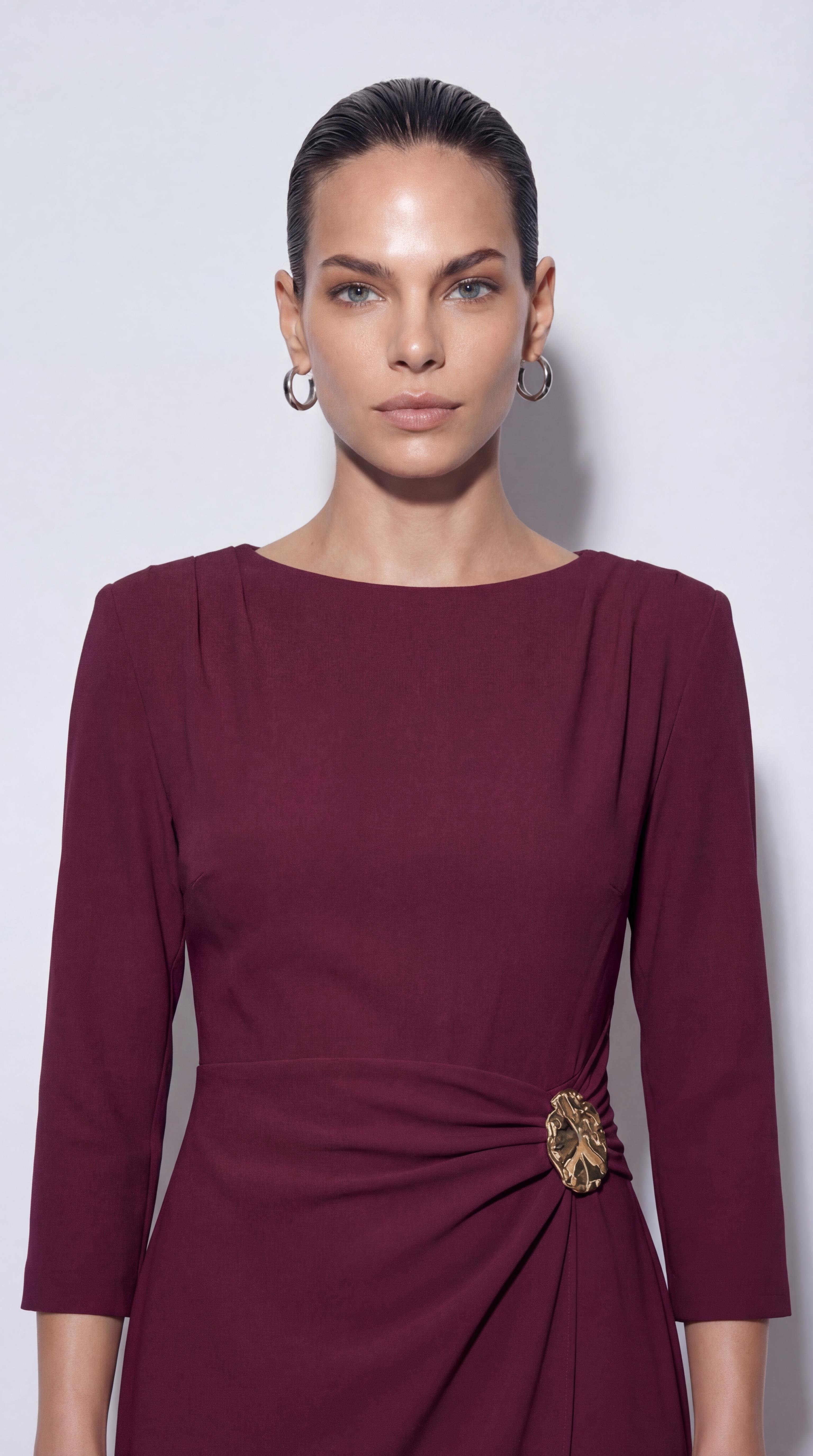 Bordo-ML18039 Toka Detaylı Midi Boy Elbise