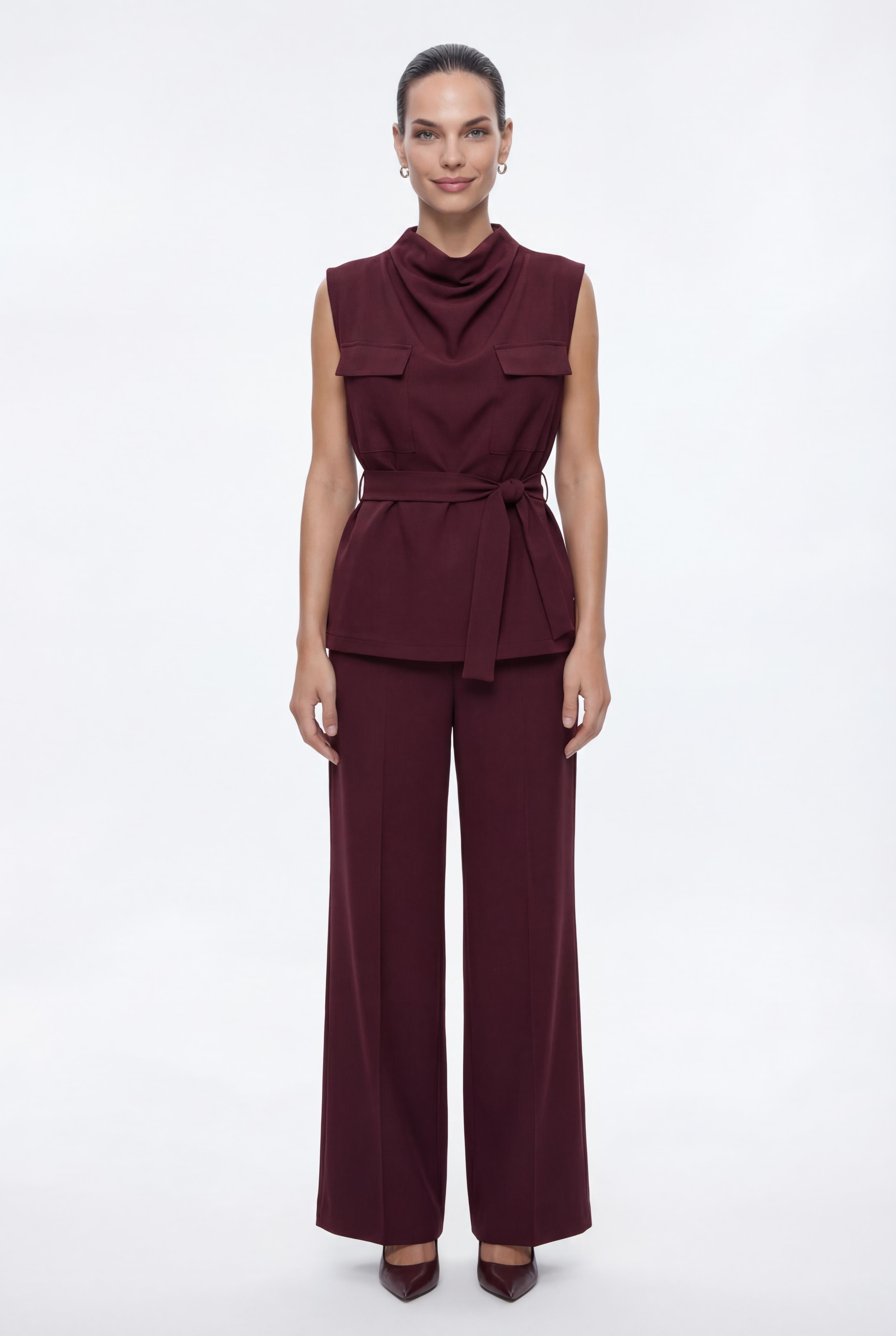 Bordo-ML28011 Kemerli Dik Yaka Bluz