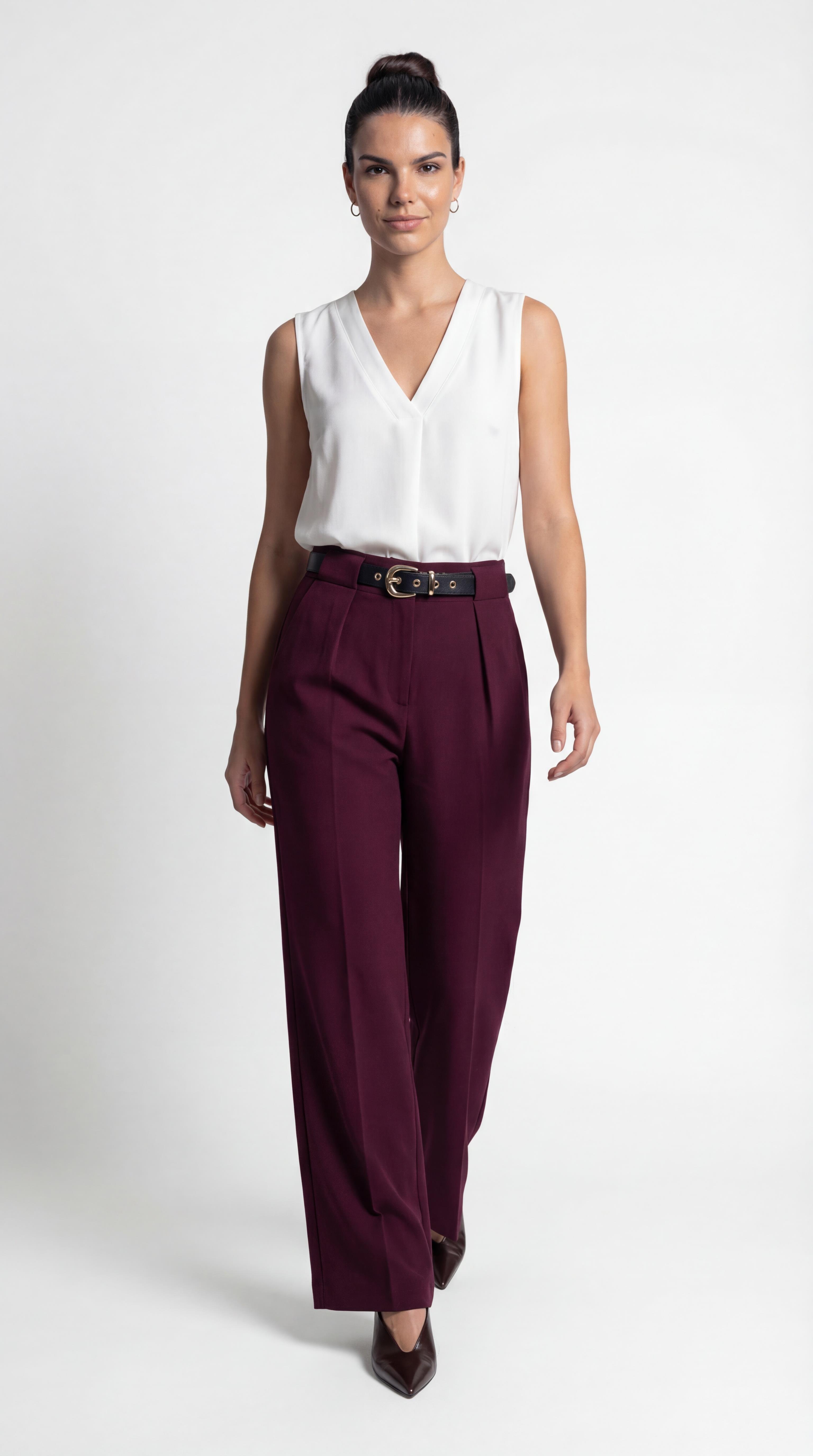 Bordo-ML48040 Kemerli Pile Detaylı Kumaş Pantolon