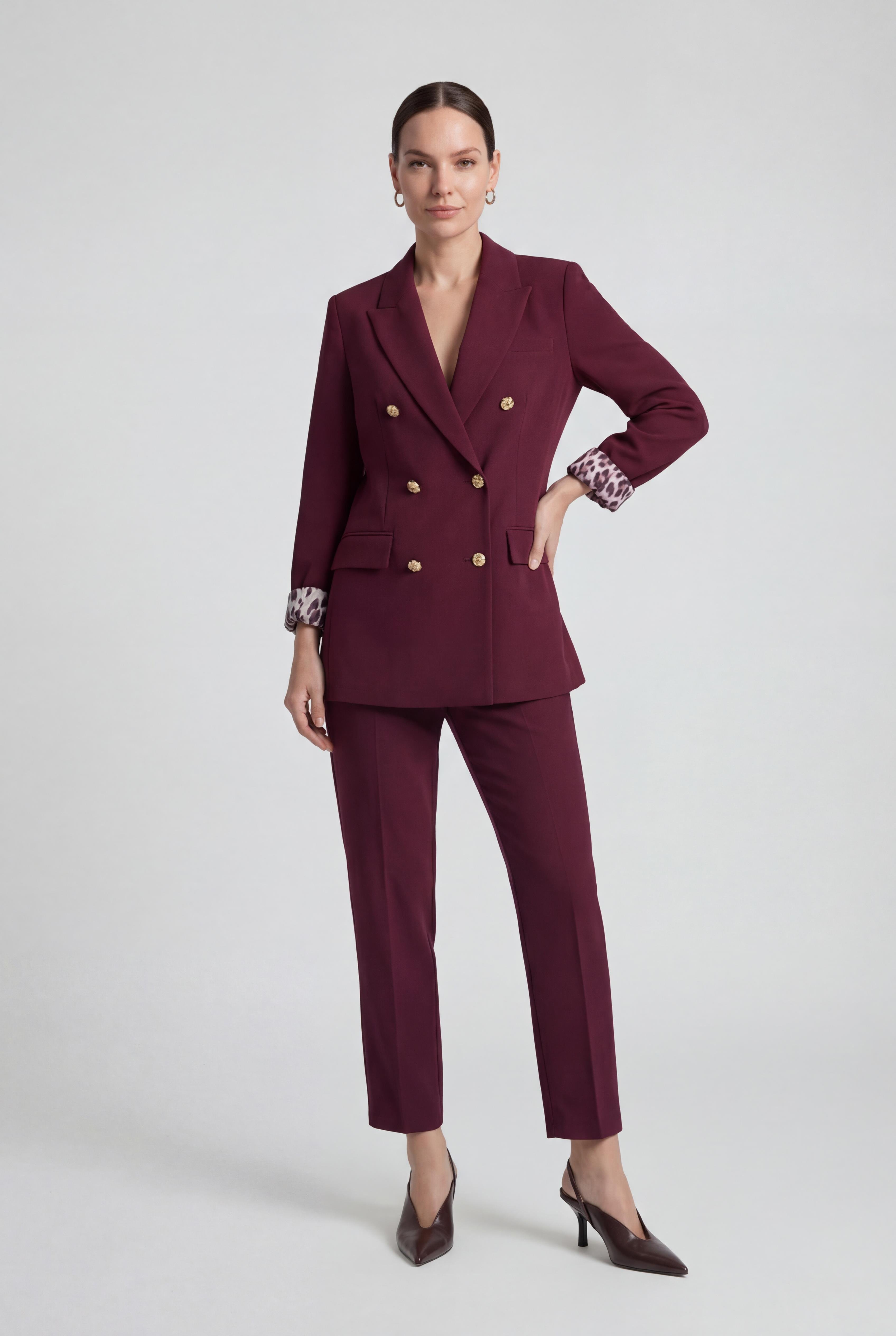 Bordo-ML58029 Leopar Astarlı Kruvaze Blazer