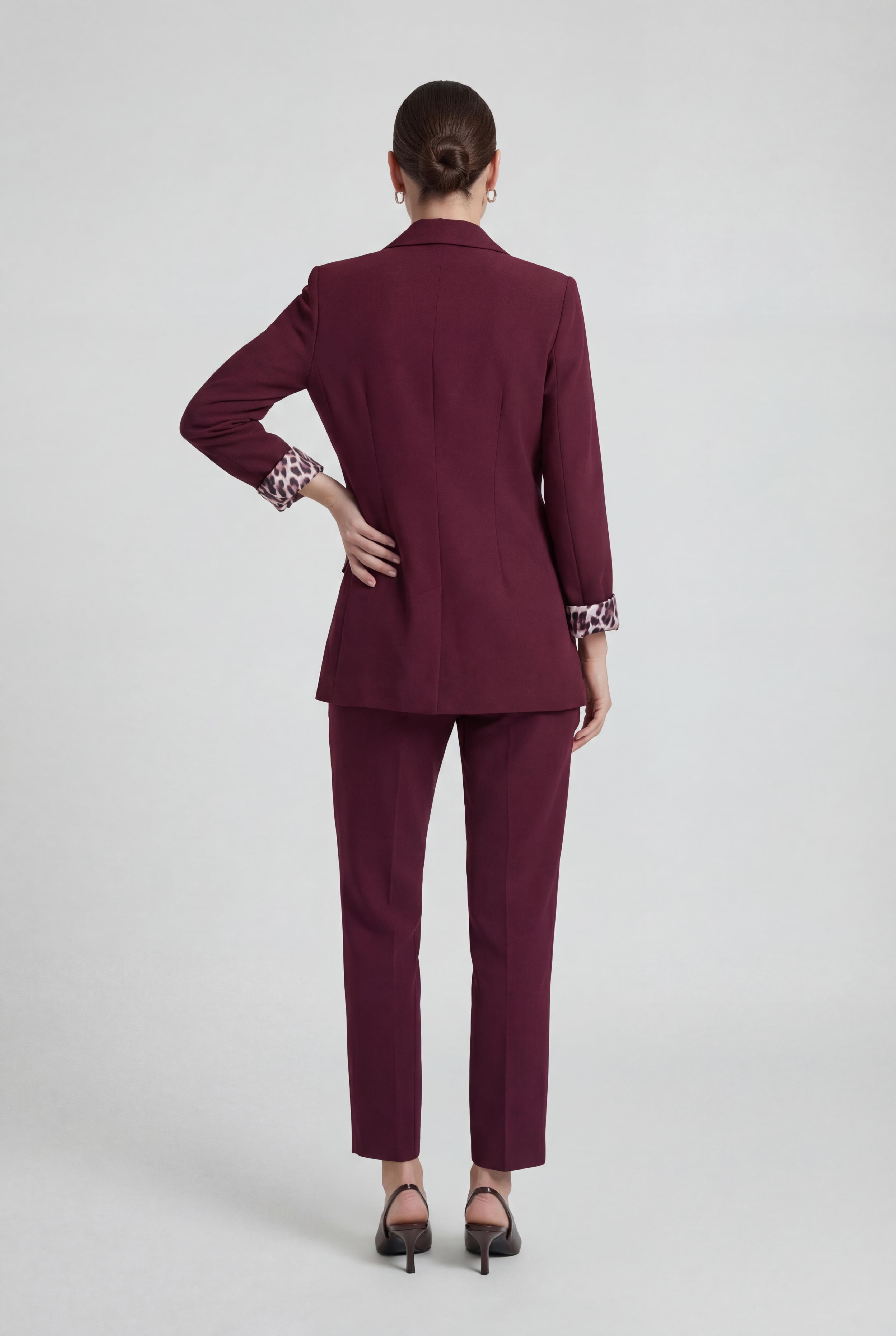 Bordo-ML58029 Leopar Astarlı Kruvaze Blazer