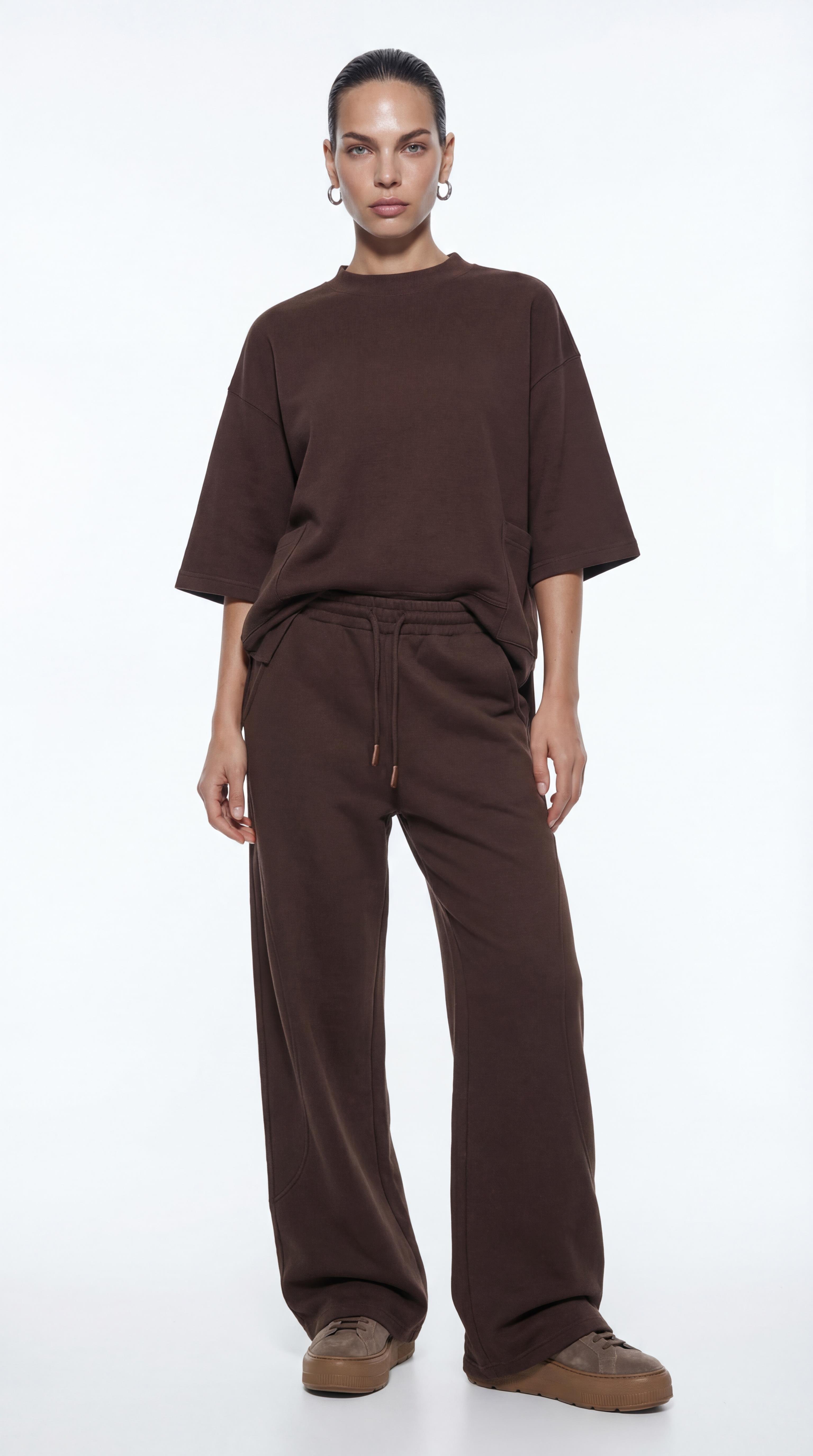 Kahve-ML28041 Düşük Omuz Süet Örme Sweatshirt
