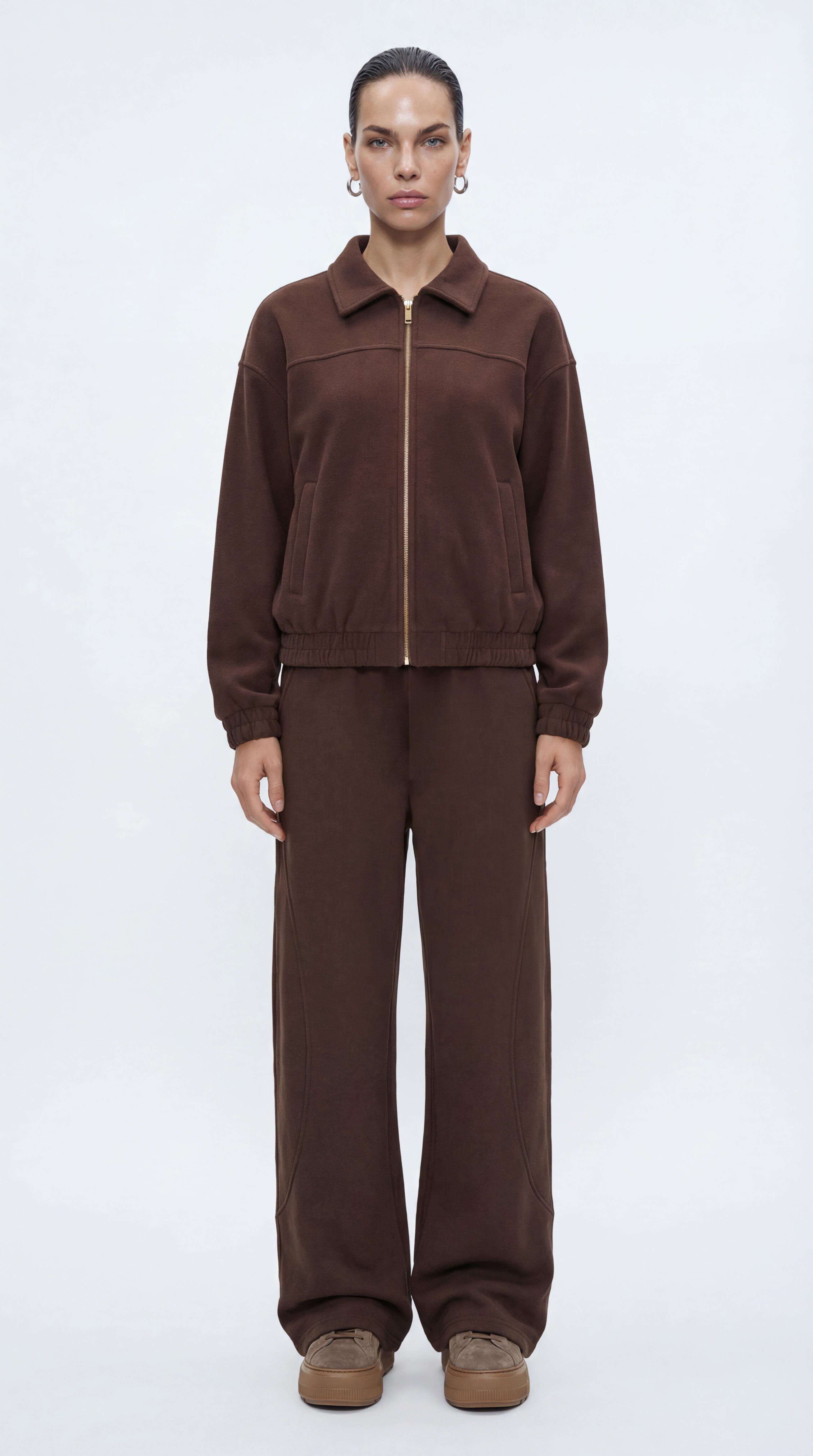 Kahve-ML58027 Fermuarlı Süet Örme Bomber