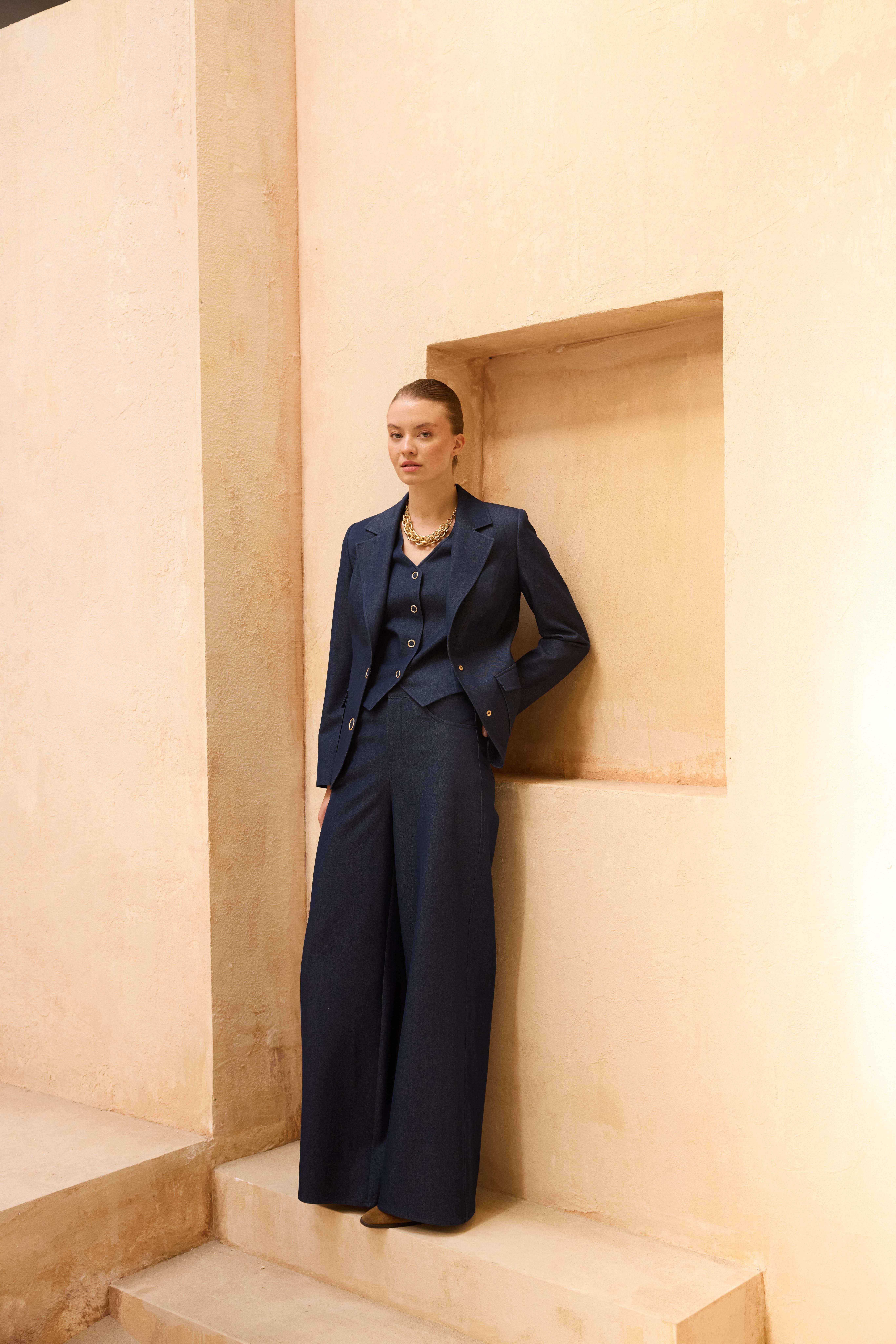 Lacivert-ML48005 Zincir Detaylı Bol Kesim Denim Pantolon