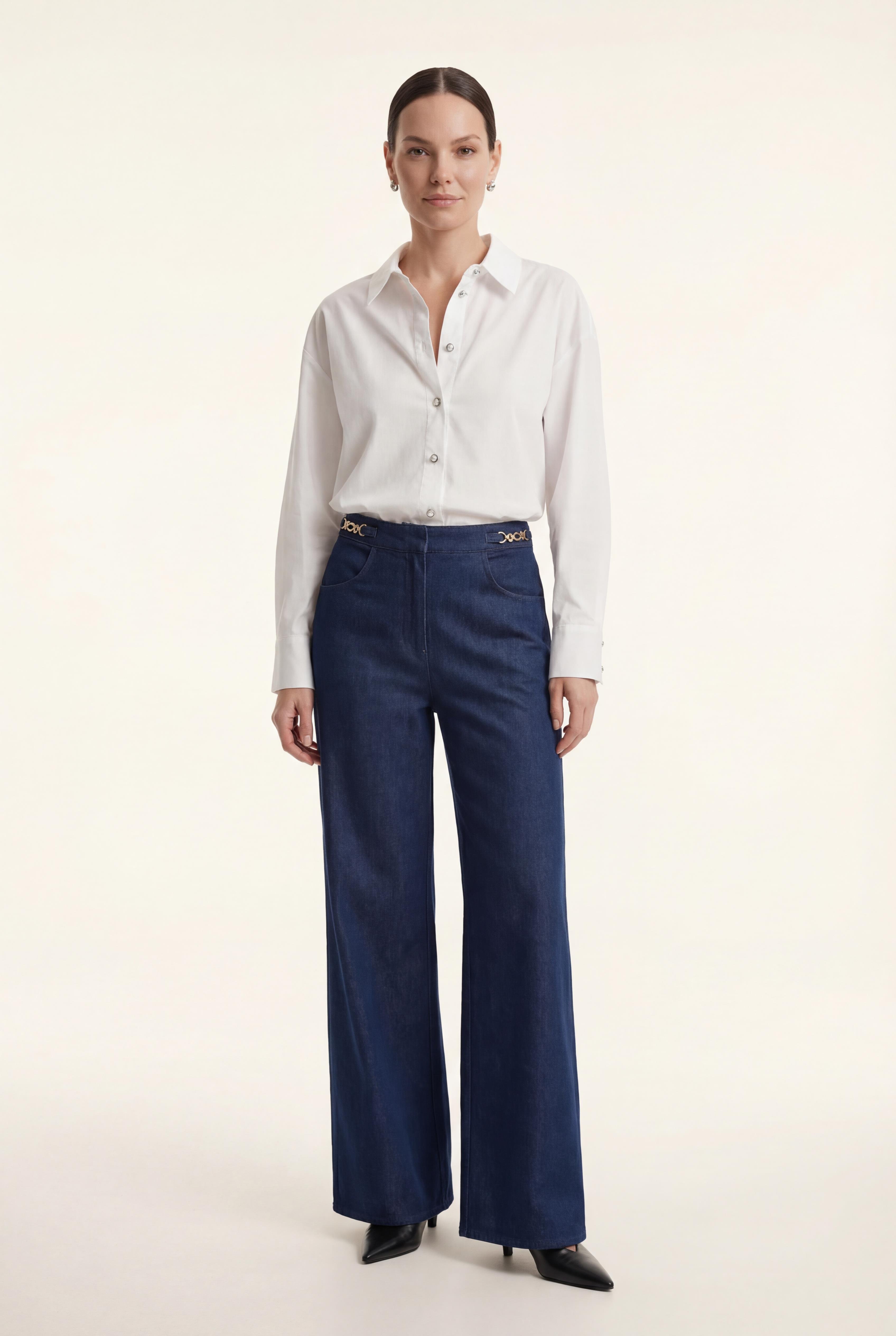 Lacivert-ML48005 Zincir Detaylı Bol Kesim Denim Pantolon