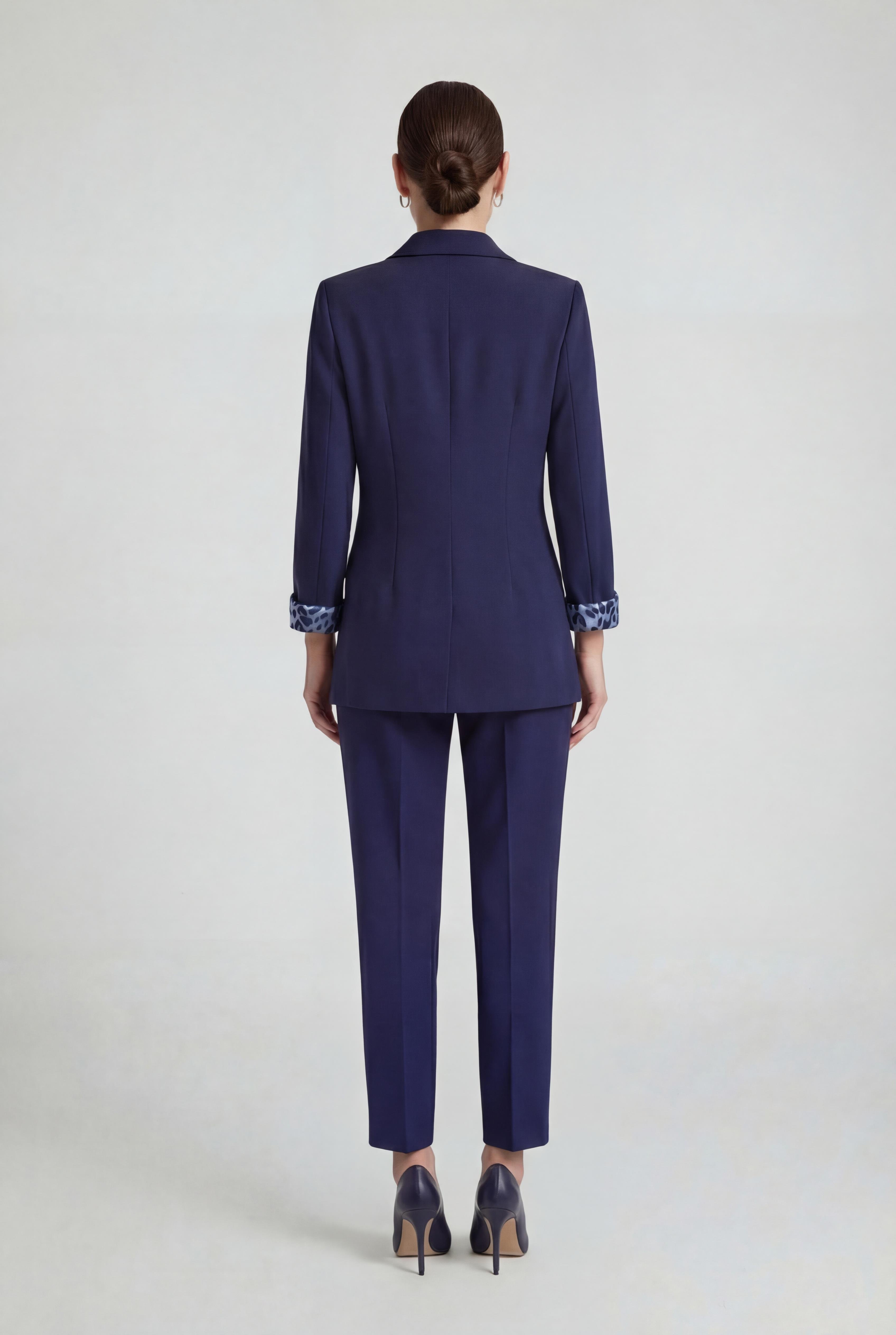 Lacivert-ML58029 Leopar Astarlı Kruvaze Blazer