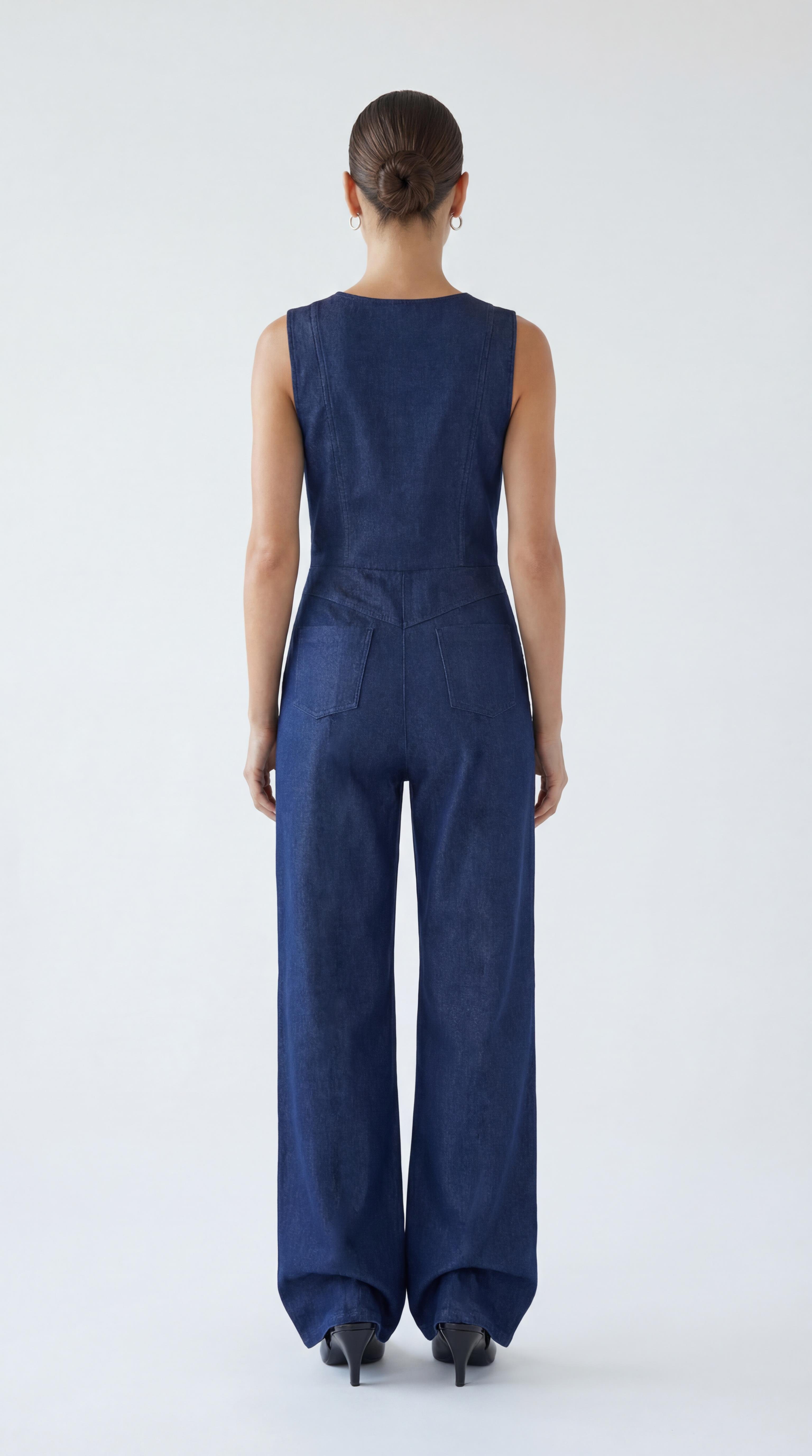 Lacivert-ML88001 Önden Fermuarlı Kolsuz Denim Tulum