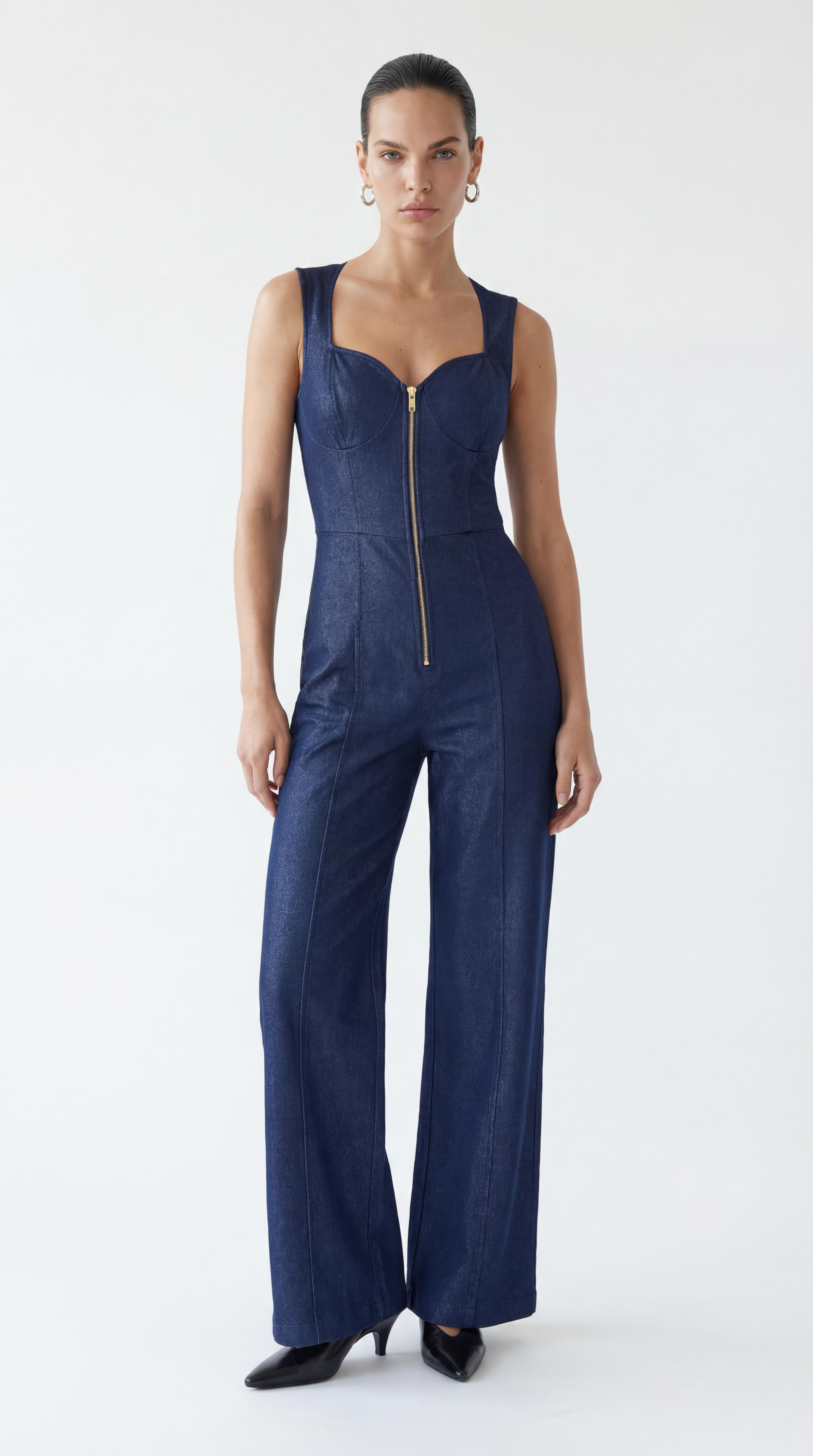Lacivert-ML88001 Önden Fermuarlı Kolsuz Denim Tulum